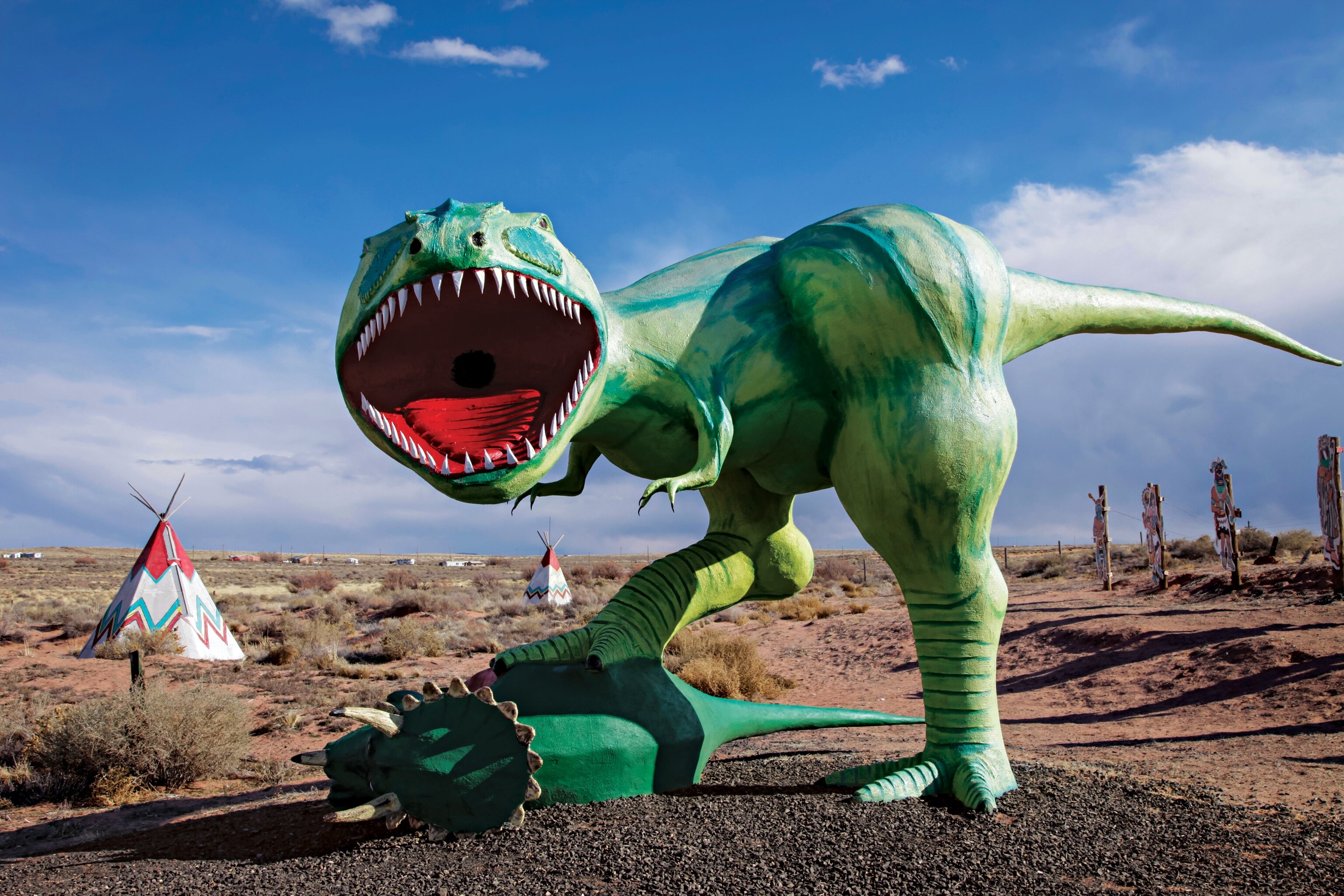 dinosaur statues along Route 66 in Holbrook, Arizona