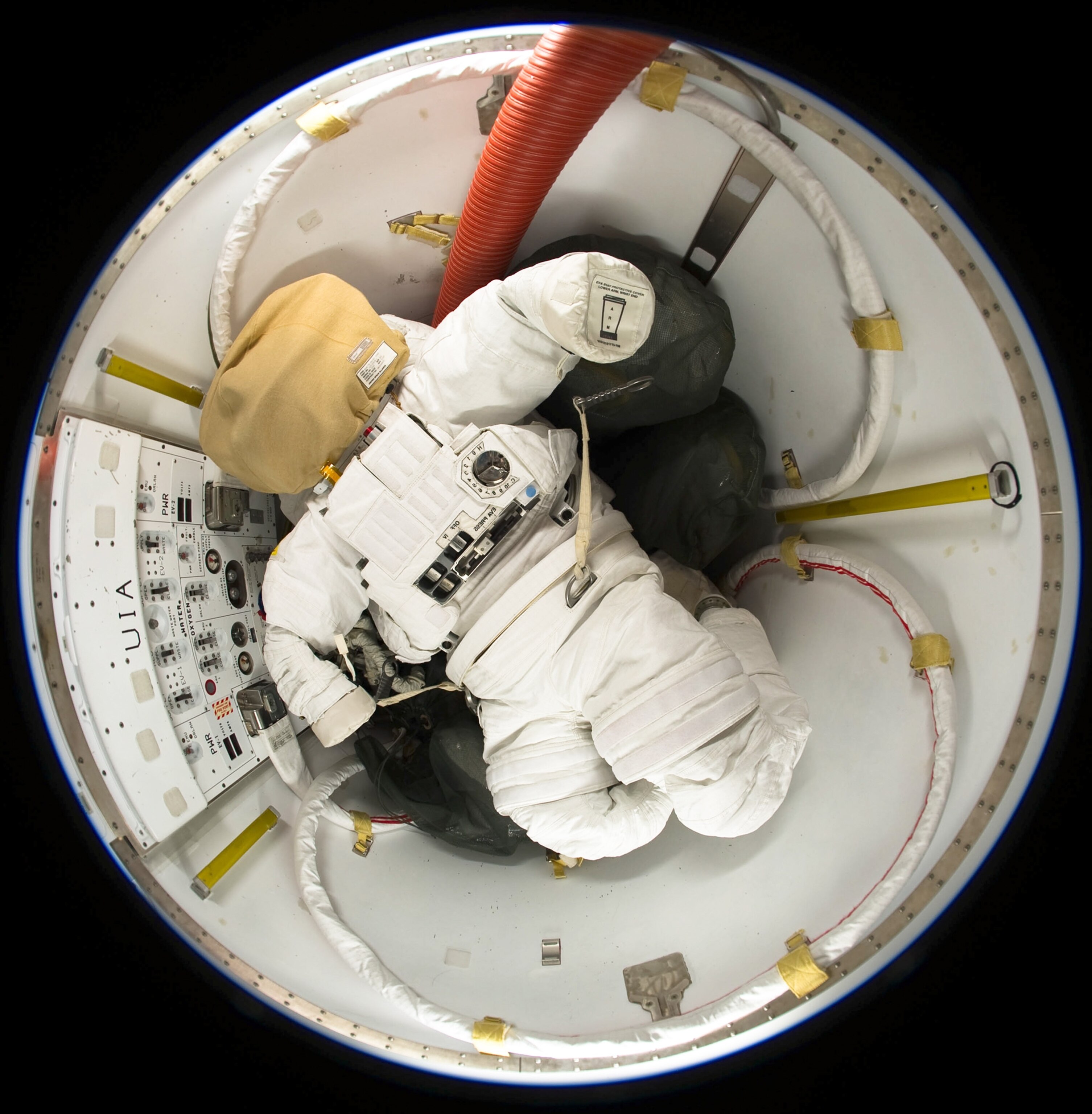 Space picture: A spacesuit in an airlock of the International Space Station