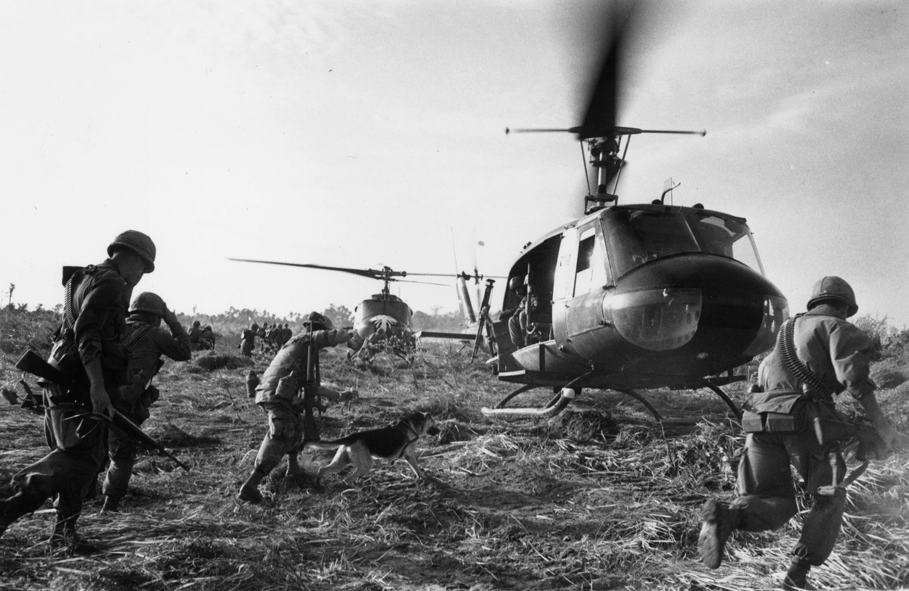 A solider and dog work to find the wounded in poisonous war areas.