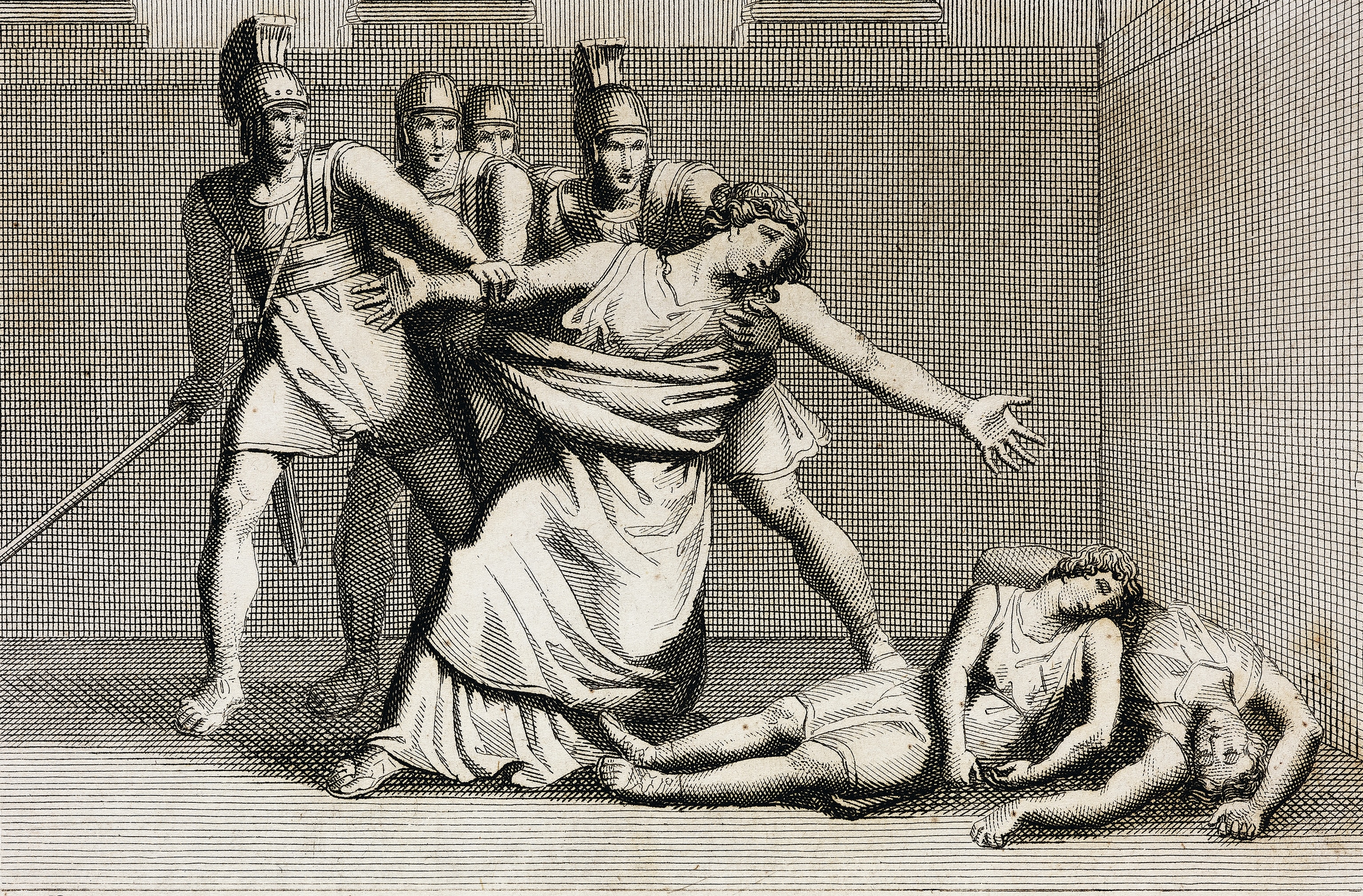 Ceraunus’s henchmen drag Arsinoe away from the bodies of her sons, just murdered by them.