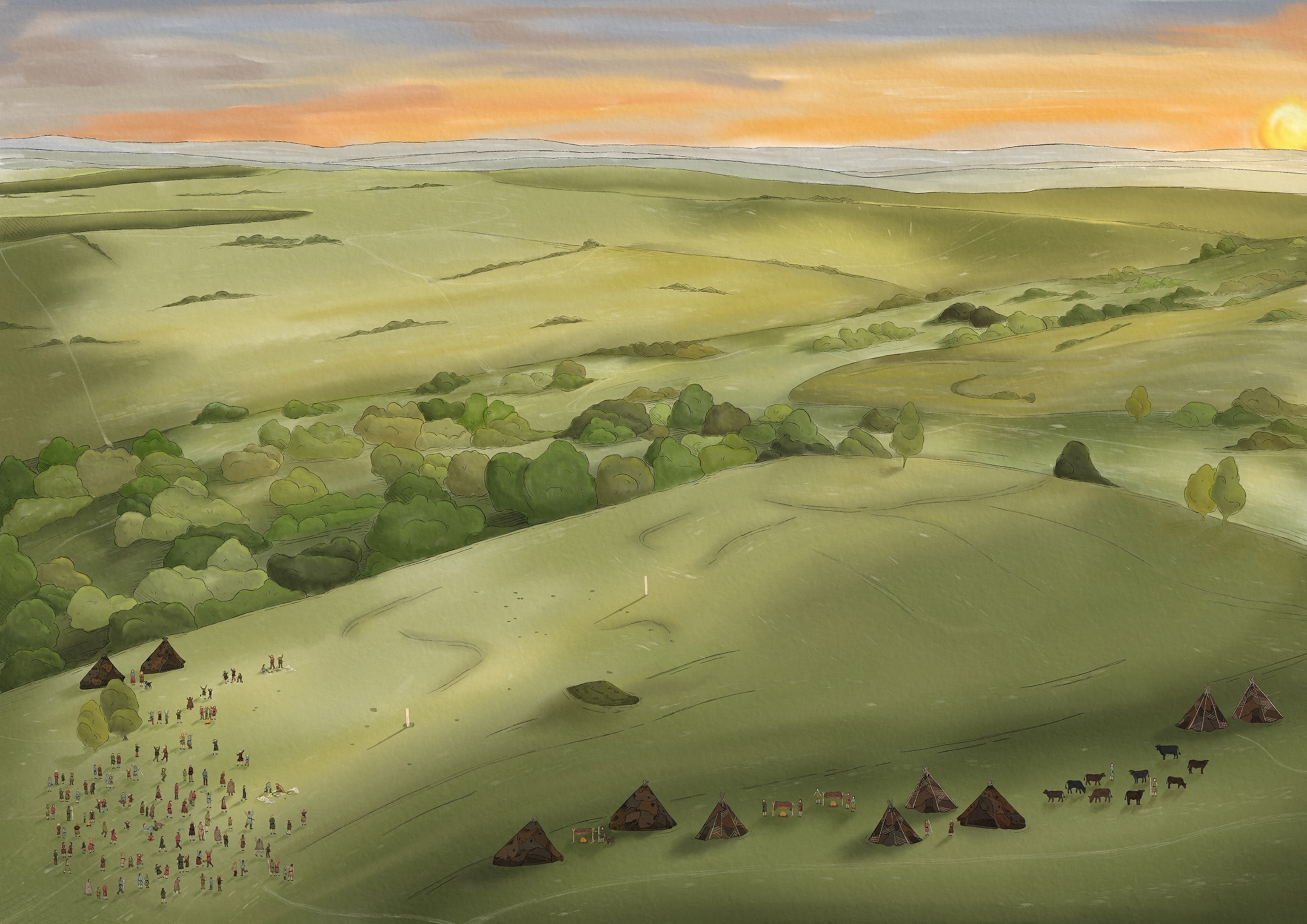 A reconstruction of summer solstice celebrations as they might have appeared at Bulford 5000 years ago.