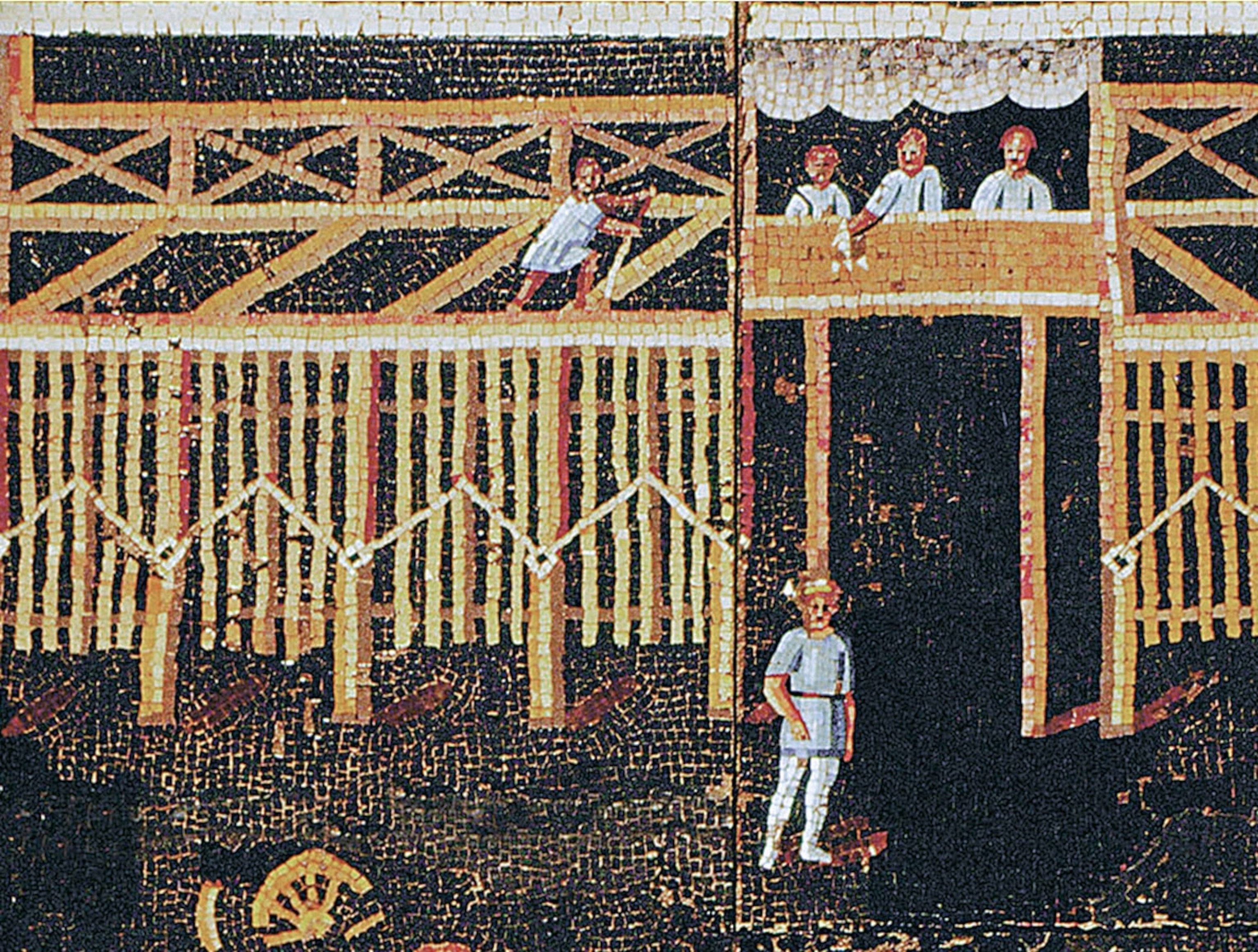 A mosaic of people performing jobs while others race chariots