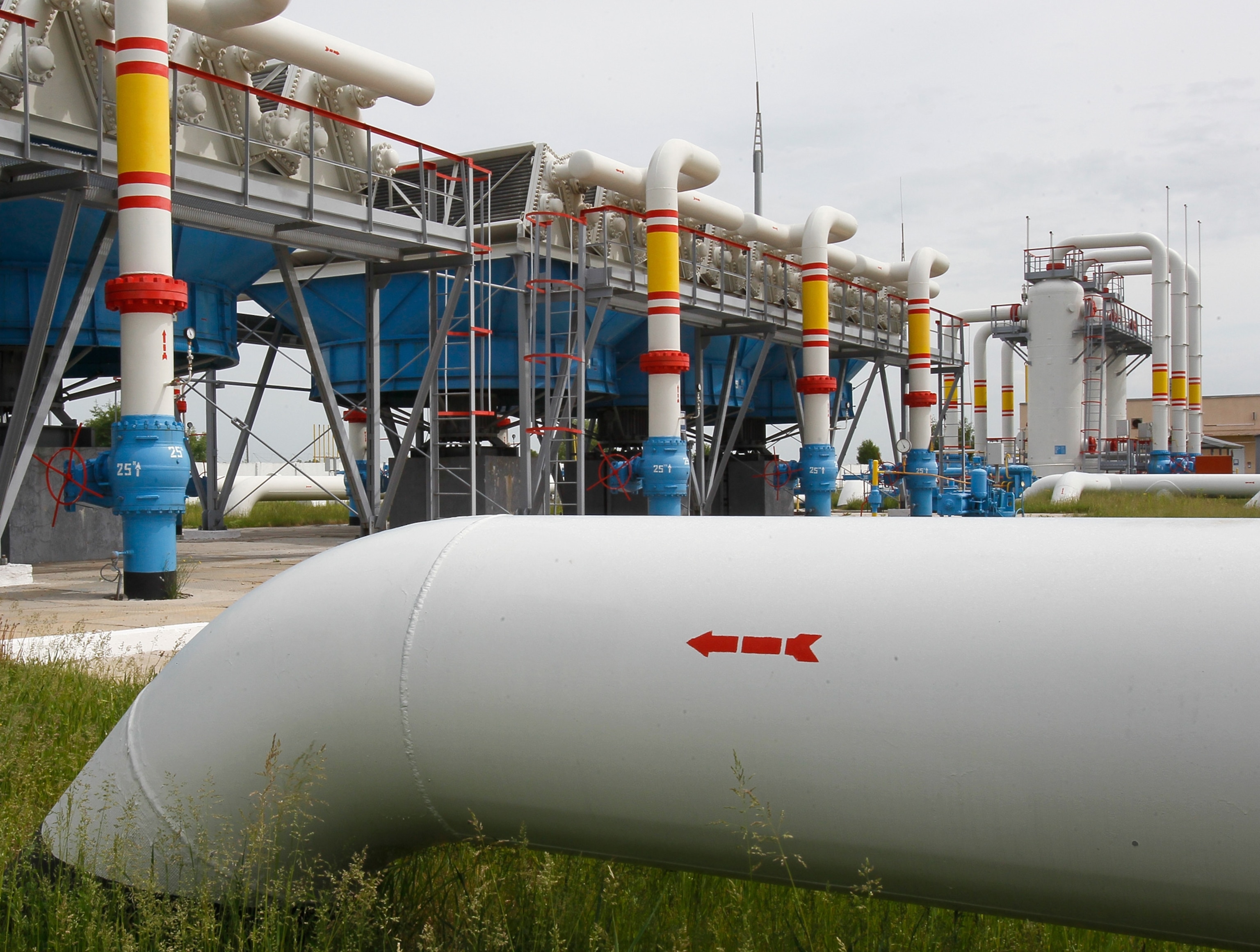 A gas pipe is pictured at an underground gas storage facility in the village of Mryn, Ukraine.