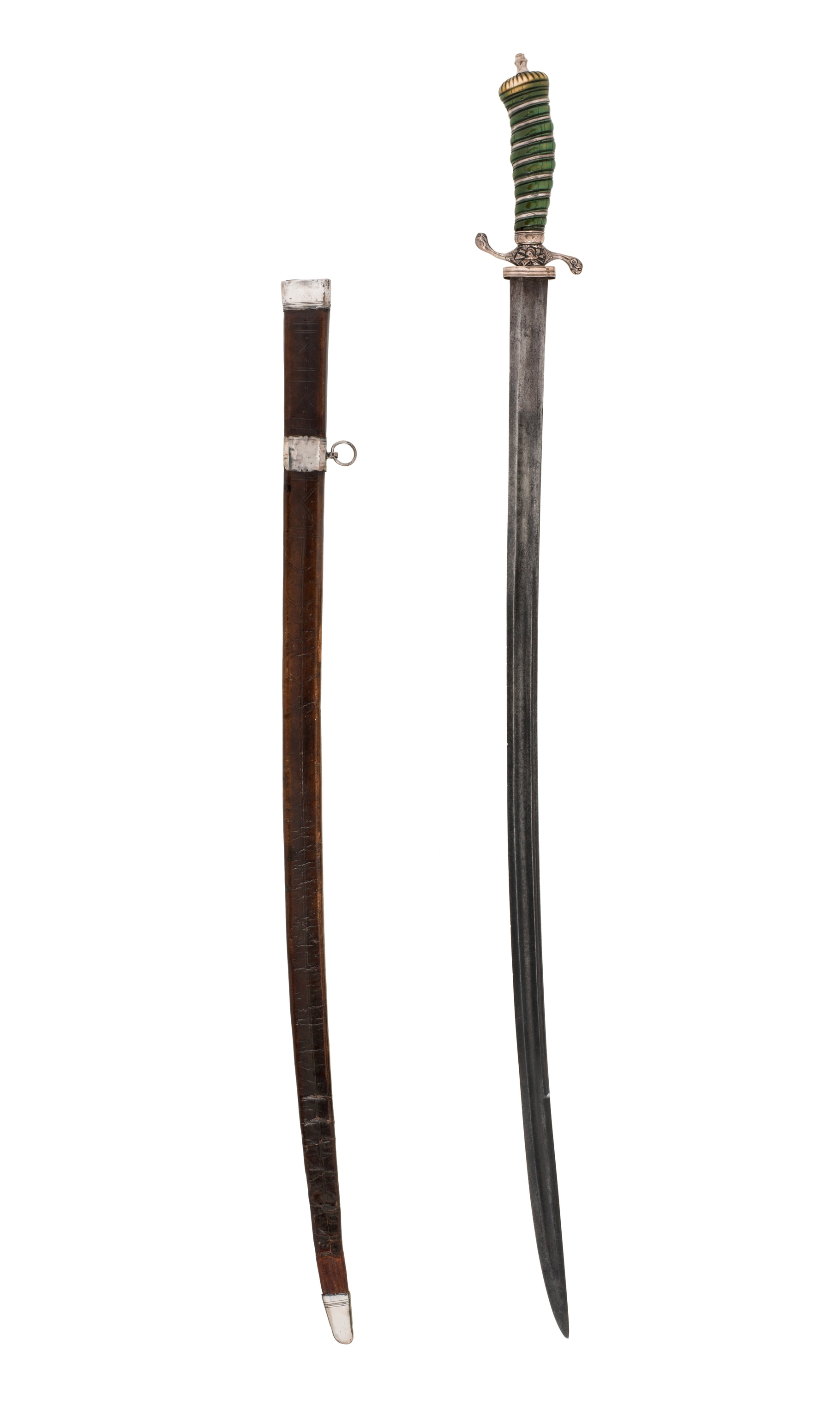 Hanger-type sword of forged steel with grooved blade. Grip of green-dyed ivory with silver strip decoration. Leather scabbard with silver trim. Specific History George Washington wore this simple hanger as his battle sword while serving as commander of the Continental army during the Revolutionary War.