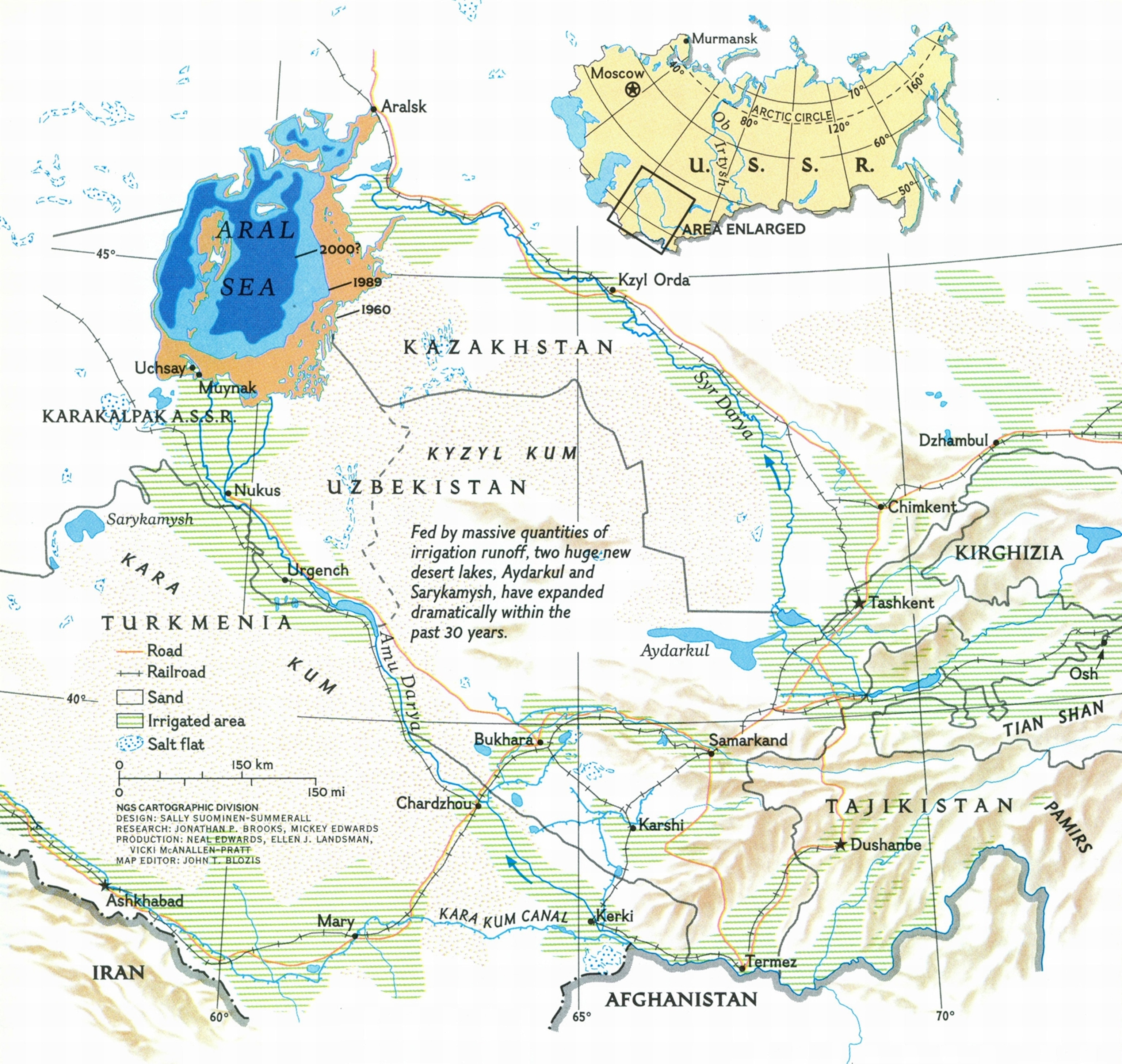 A map shows the Aral Sea and the surrounding water ways and irrigation plans in portions of the former Soviet Union.