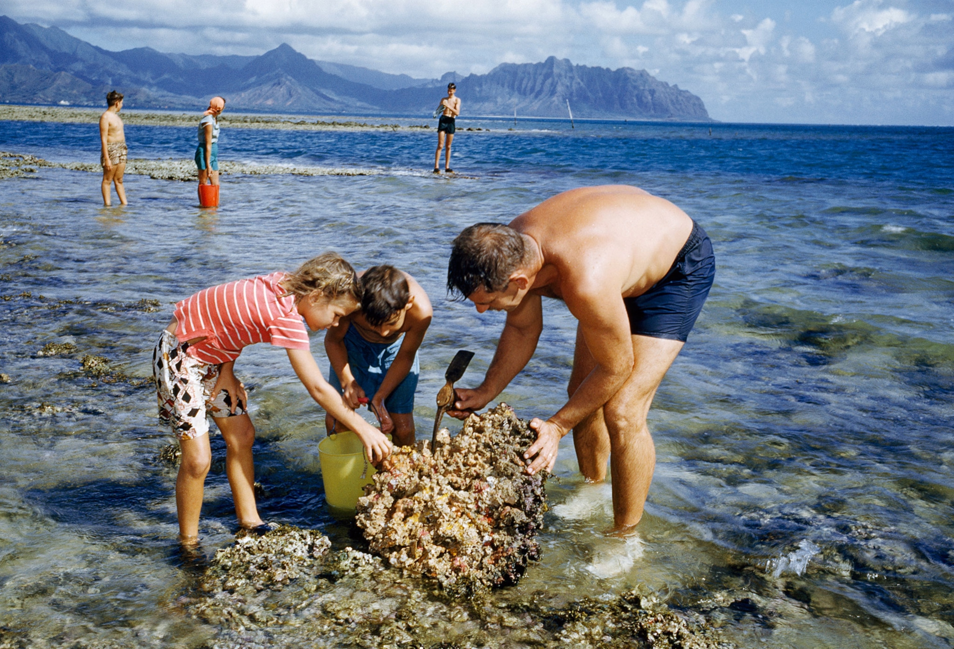 father and children on beach