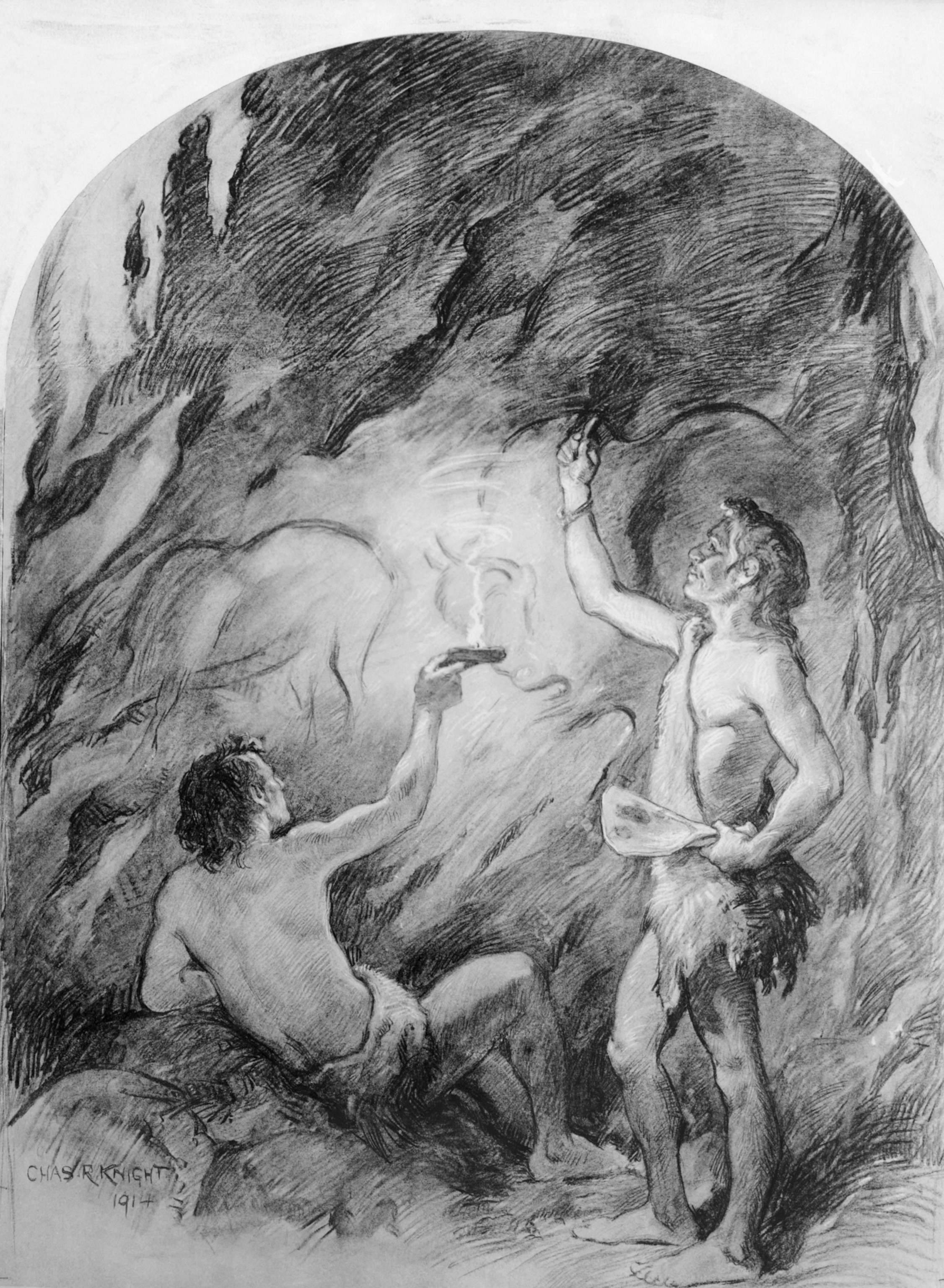 A painting of Cro-Magnon men drawing in the cave of Font-de-Gaume.