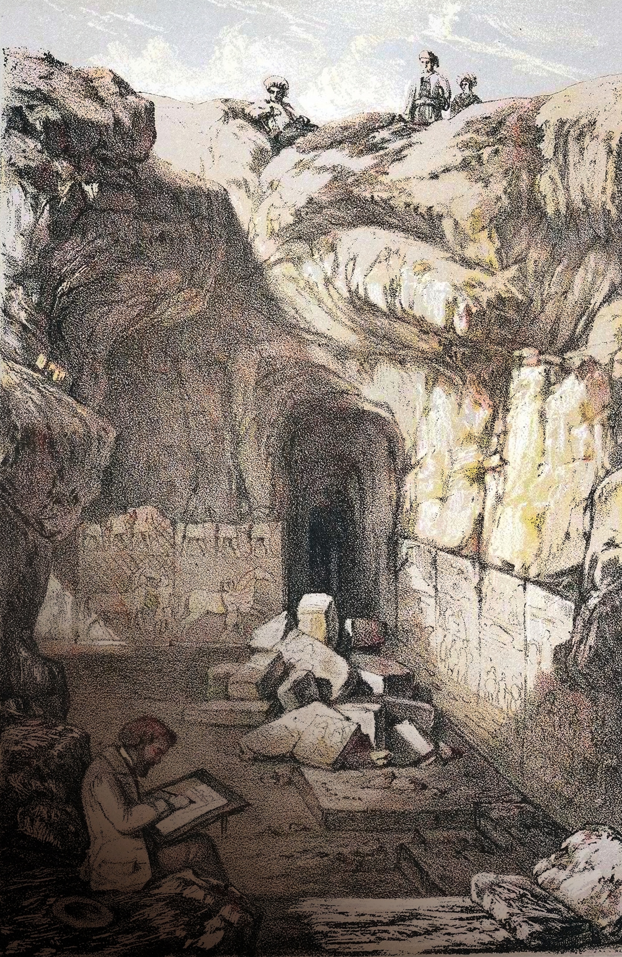 A room in Sennacherib’s palace in Nineveh with Austen Henry Layard sketching artifacts is pictured.