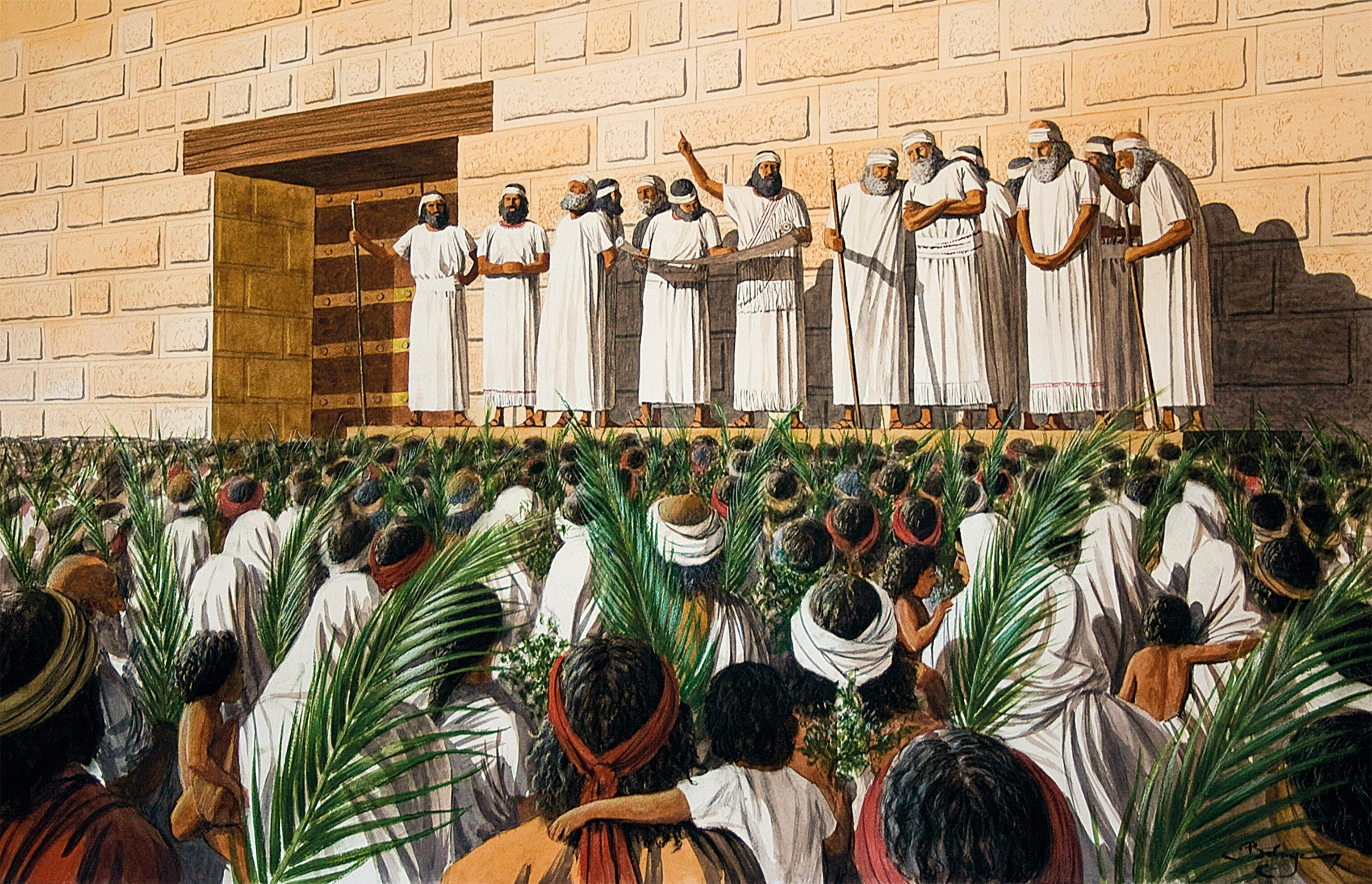 Ezra reads the Torah outside the Temple after the Judaeans return from exile.
