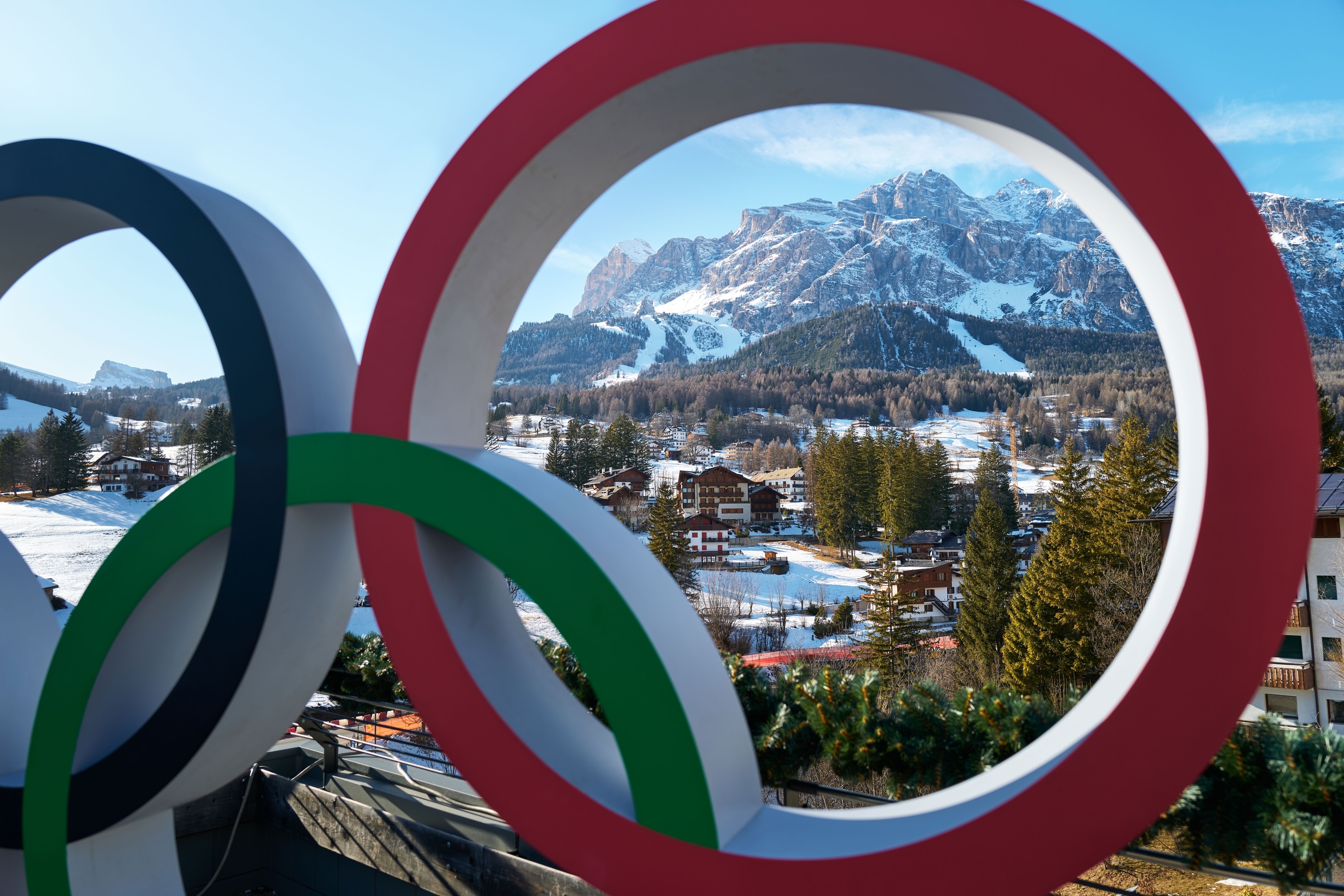 A general view of the Olympic rings in front of the Olympia delle Tofane ski run during Milano Cortina 2026 Winter Olympic Games.
