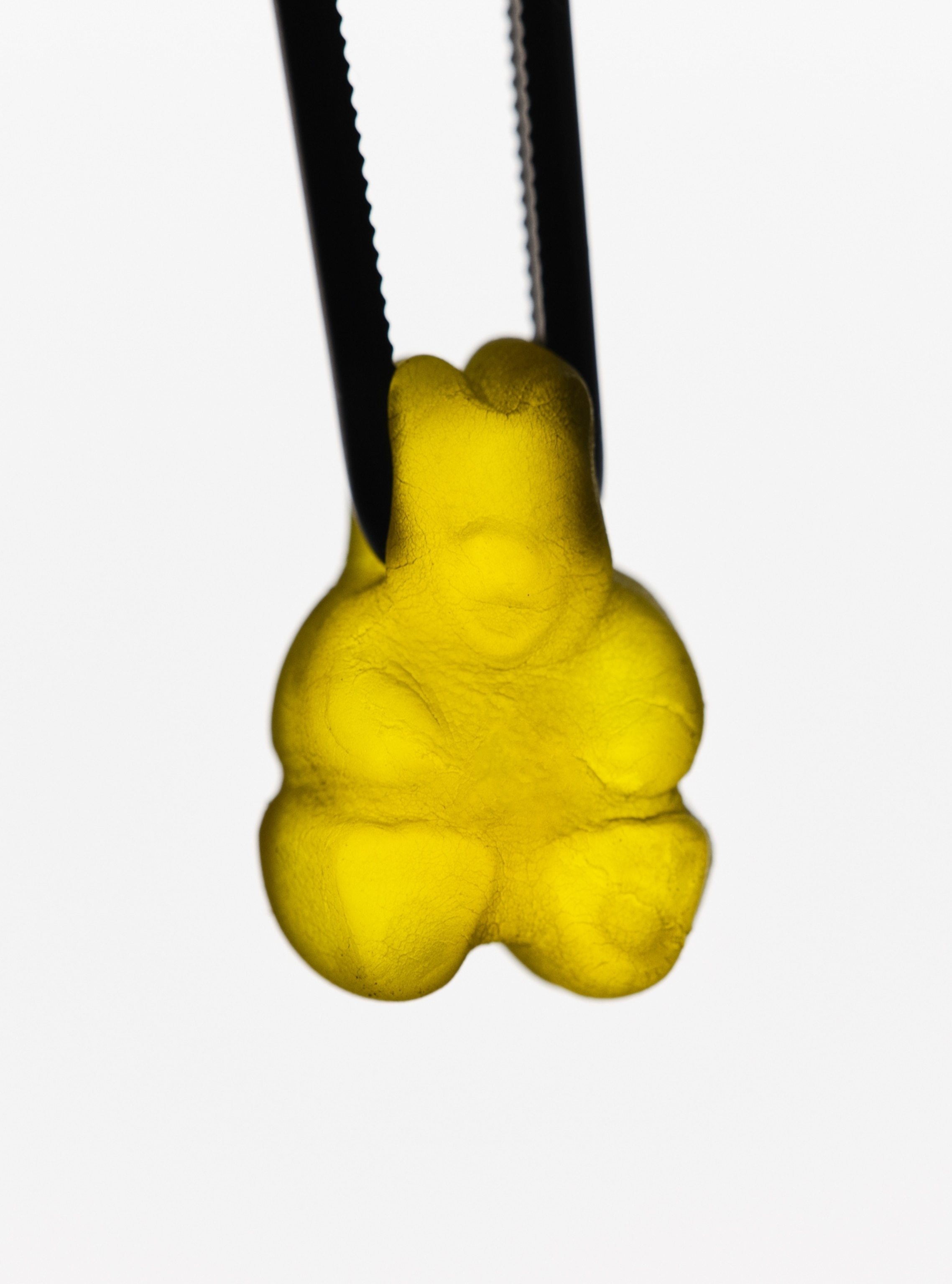 Yellow gummy bear hold by tweezers
