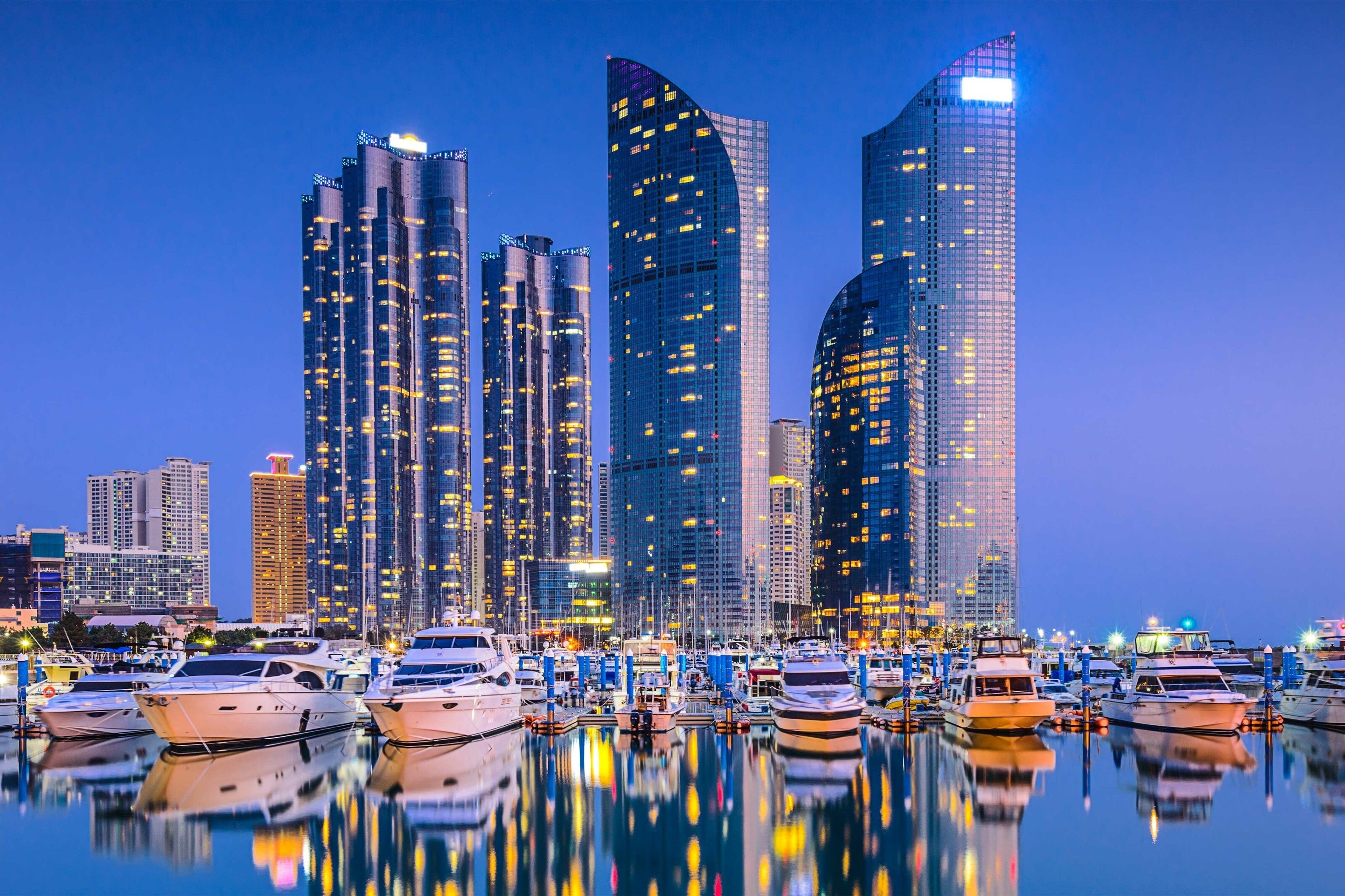 Busan at night. Lights from a group of skyscrapers reflect on the water of the harbour, which is full of white boats.