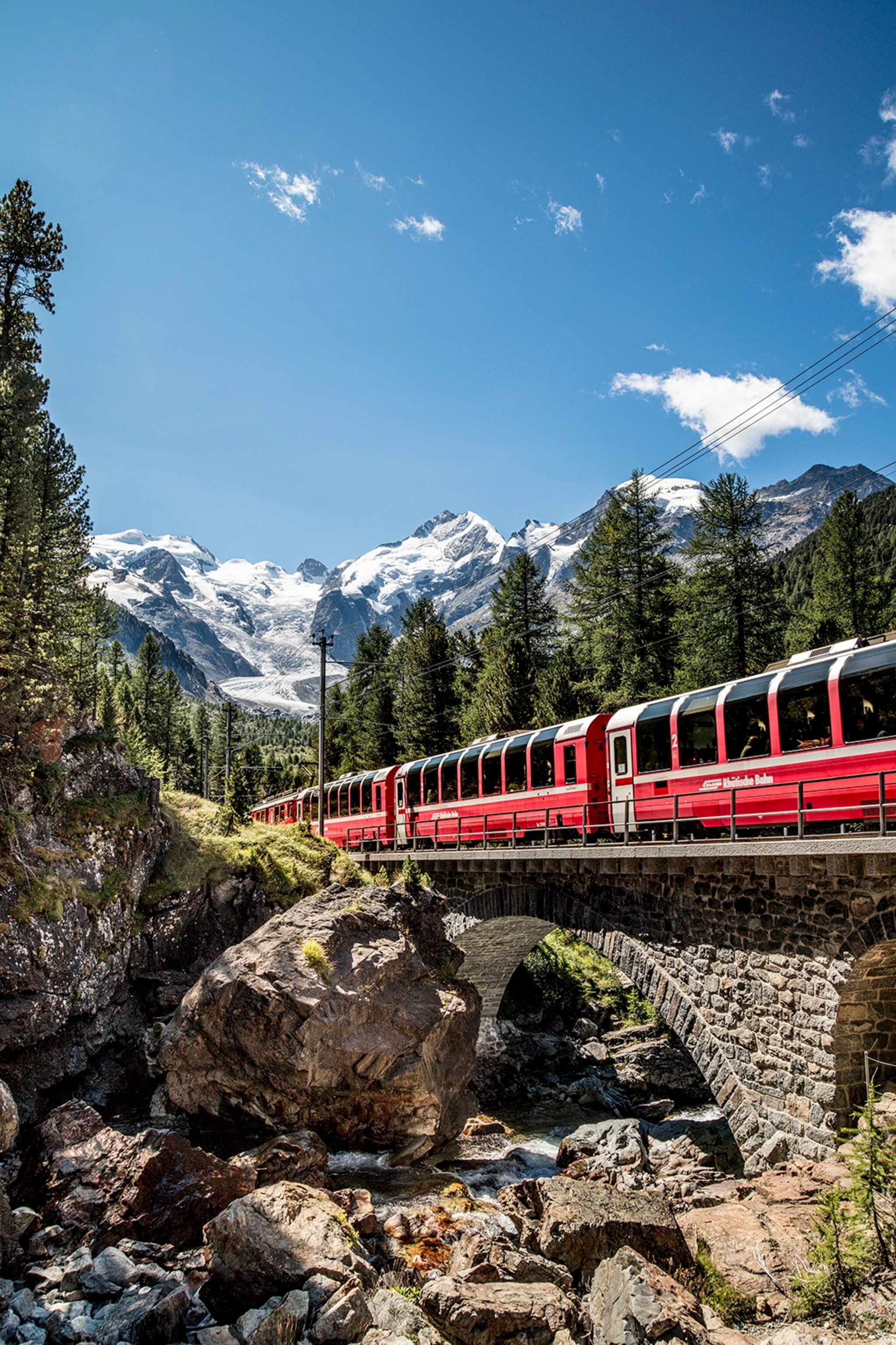 A train on a rail lined by trees with snow-topped mountains in the background