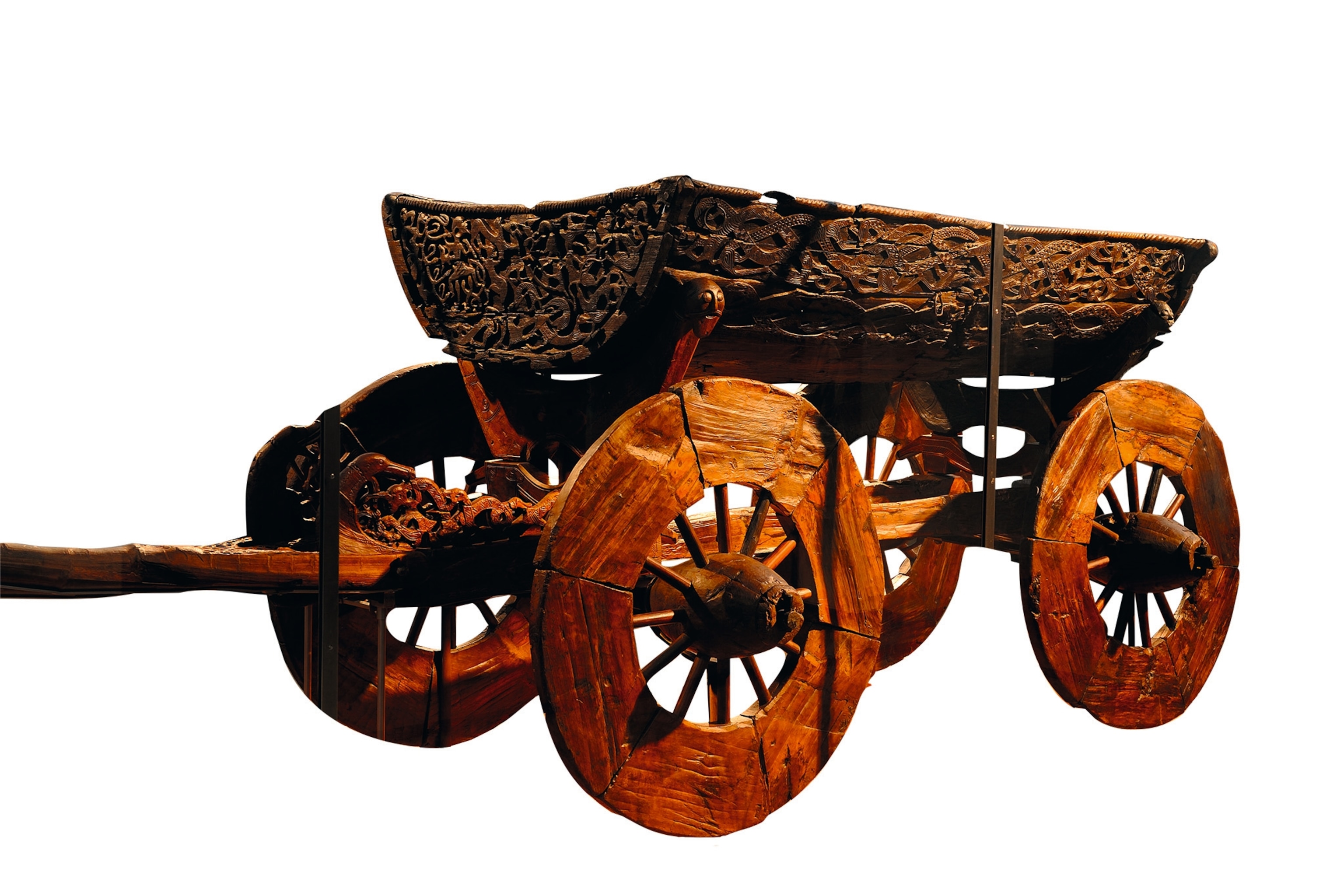 A Viking-age horse-drawn cart is pictured.