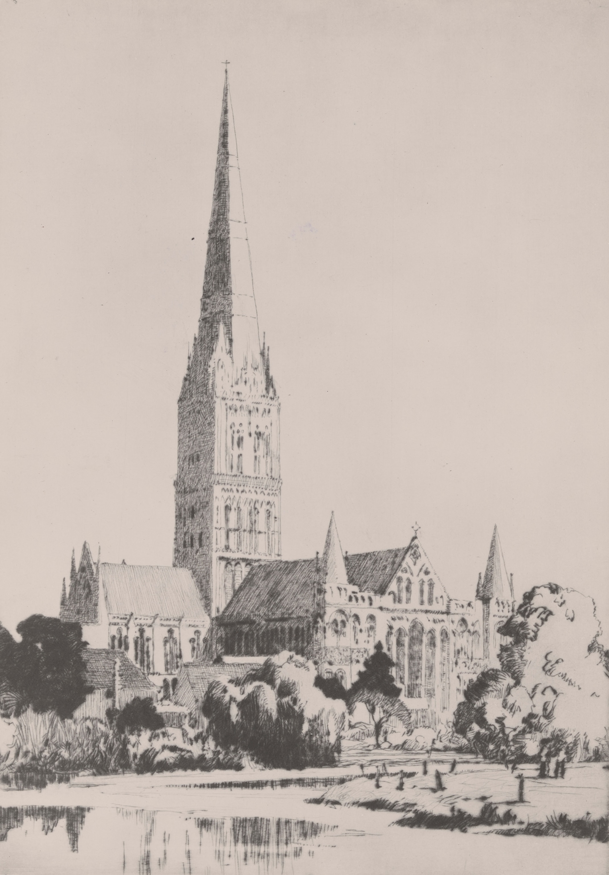 This drawing by Norman Wilkinson depicts the Salisbury Cathedral.