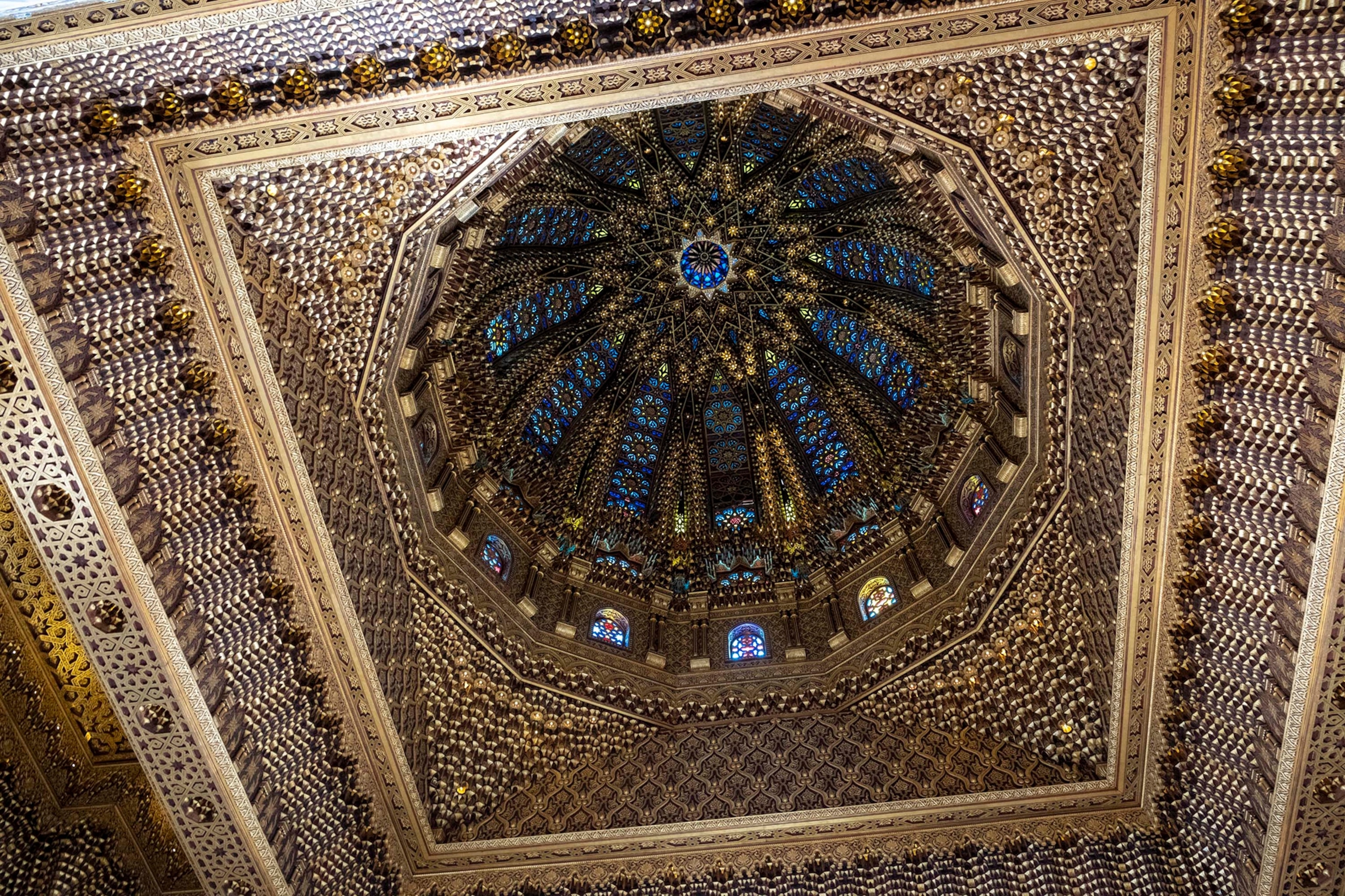Interior view of the dome of the Mausoleum Mohammed V, beautifully adorned with finely chiseled copper by Moroccan artisans, Rabat, Morocco, 2024.