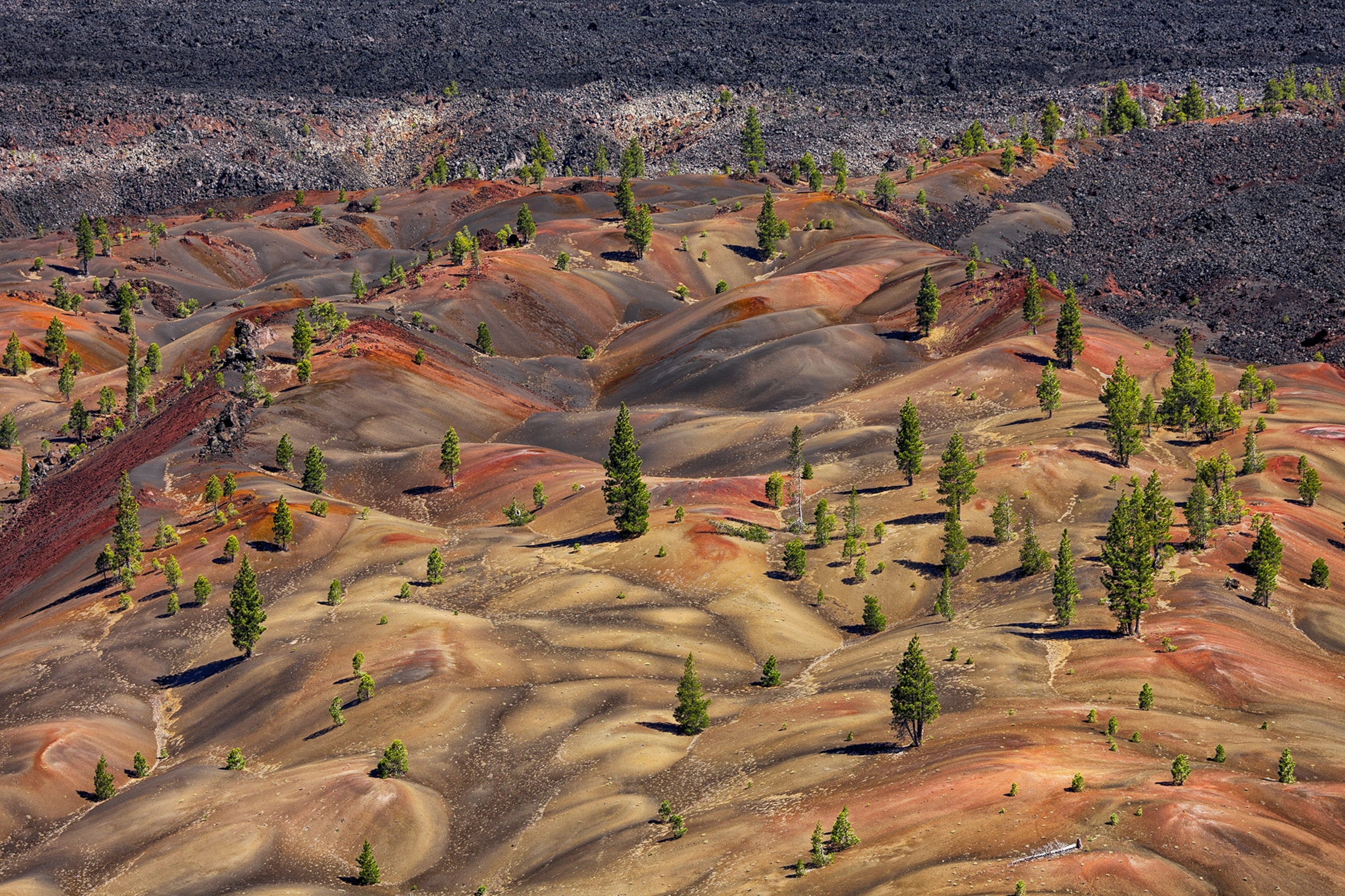 A colorful, hilly volcanic landscape is dotted with green trees