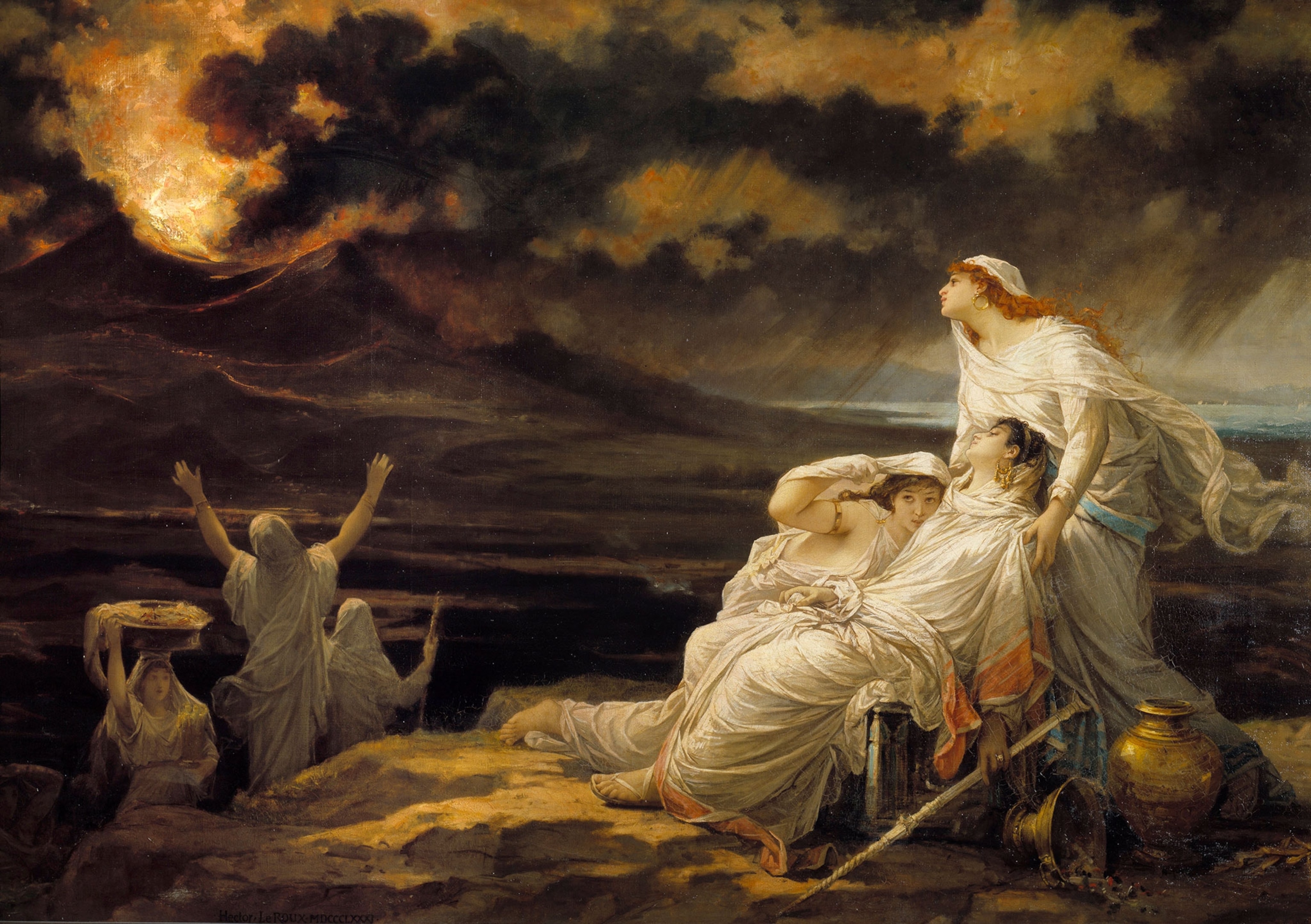 A painting of people draped in white robes, one carrying an object on their head while the rest look on in horror at a dark sky with fire and smoke.