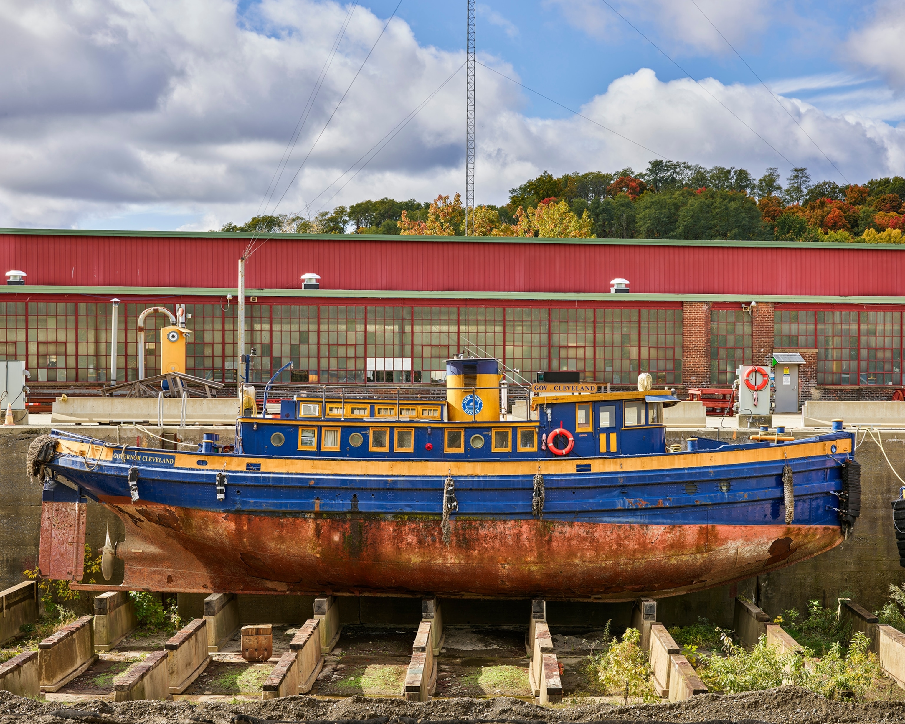 Tugboat Governor Cleveland, built 1928 and in service until 2019; in drydock at Waterford Shop, Erie Canal, New York, Erie Canal, New York