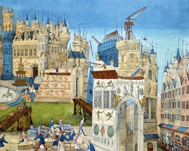 Cranes were innovations used in the construction of Gothic cathedrals, shown in this illustration.