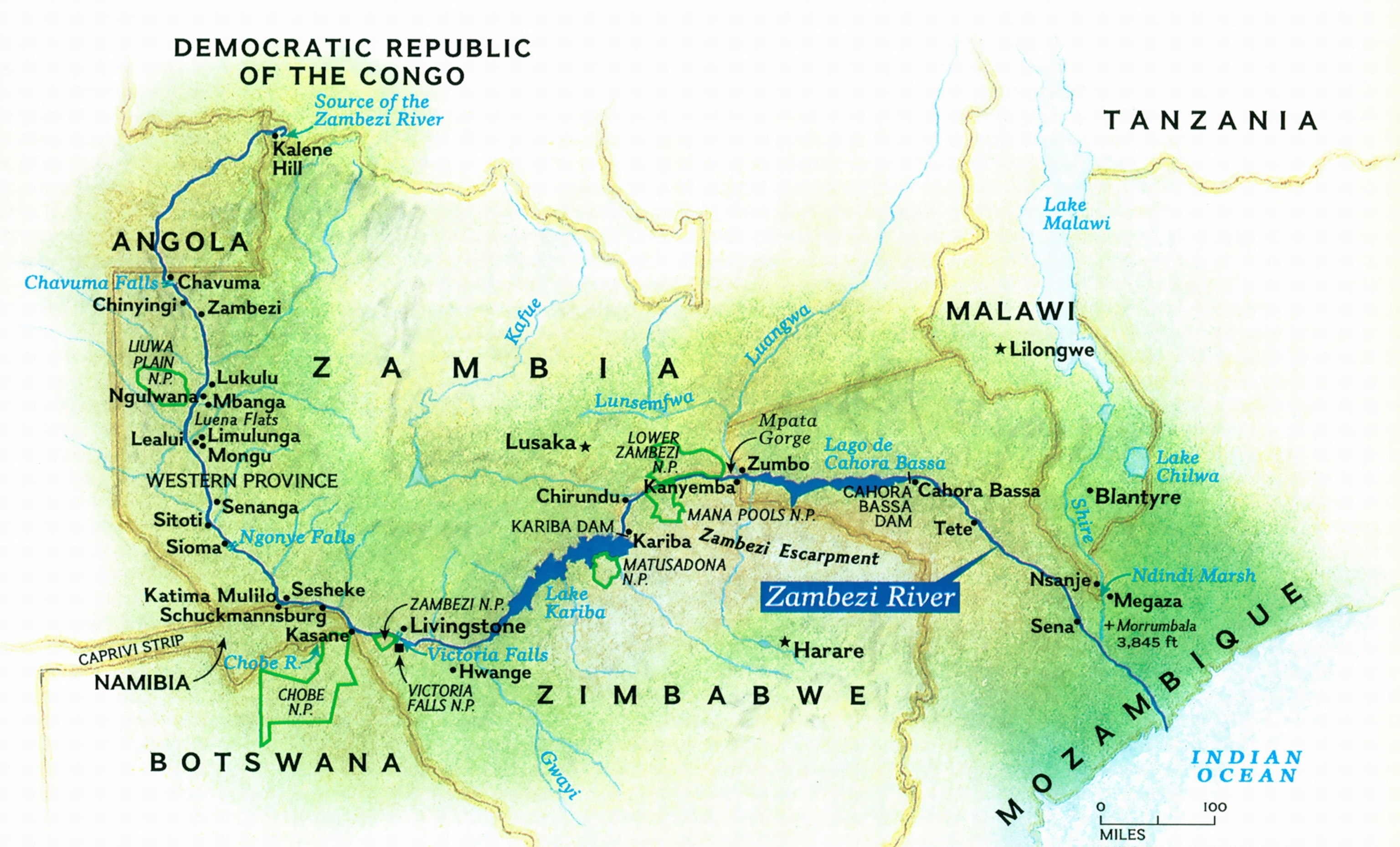 A map shows the location of the Zambezi River across several countries.