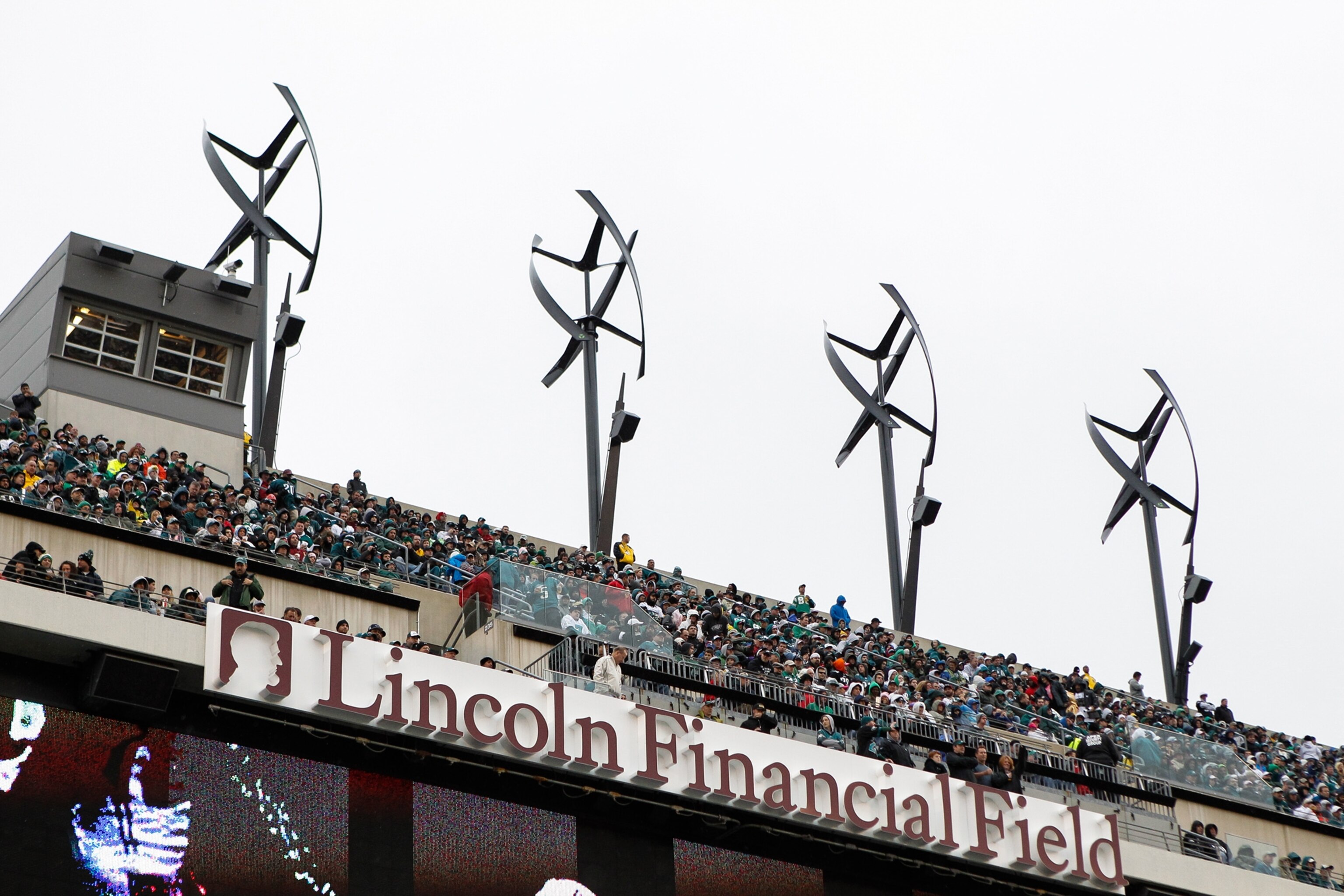 Small wind turbines at Lincoln Financial Field in Philadelphia, Pa.