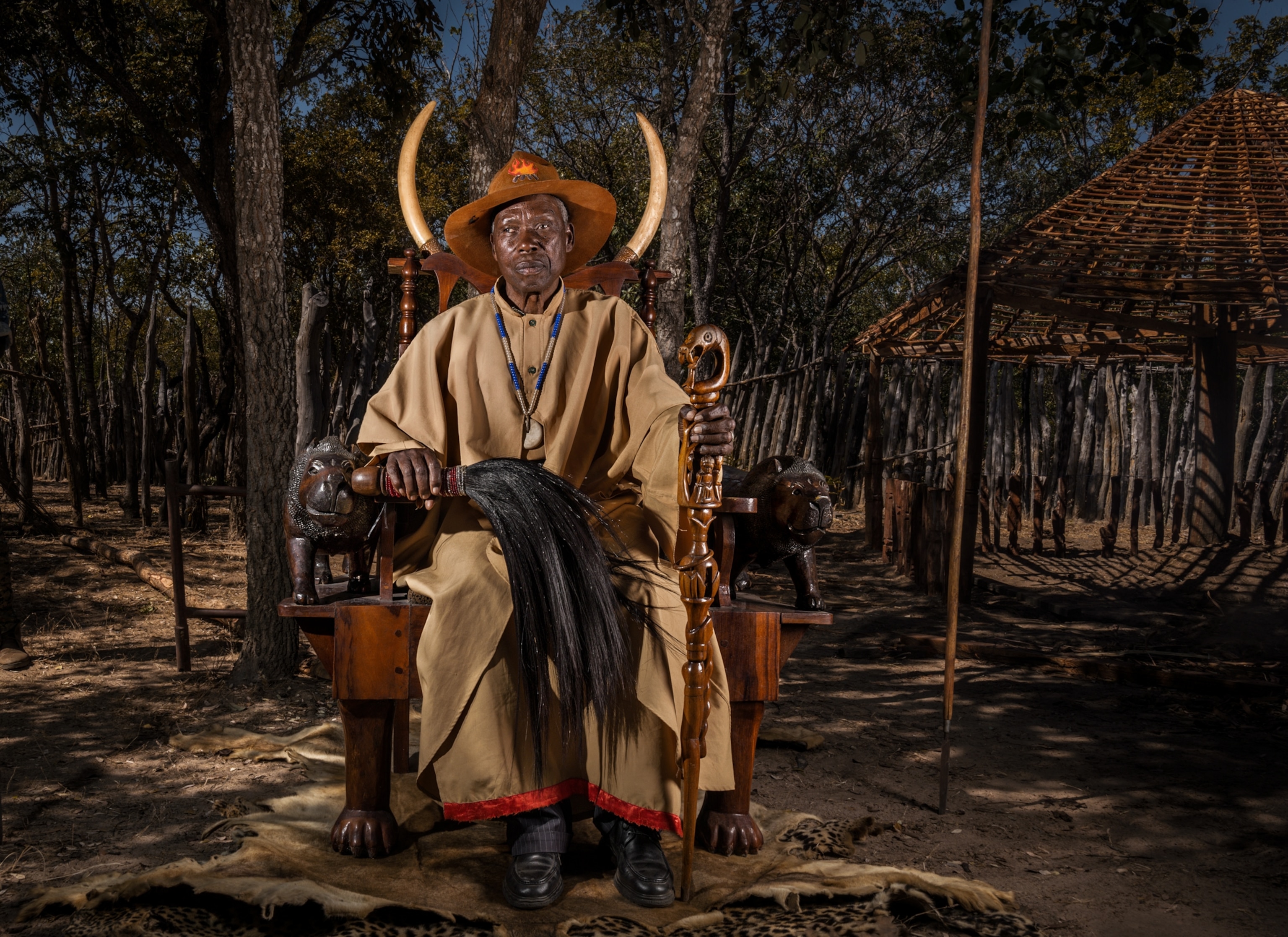 Man dressed up for his official portrait sitting on throne, flanked by lions, and ivory tusks.