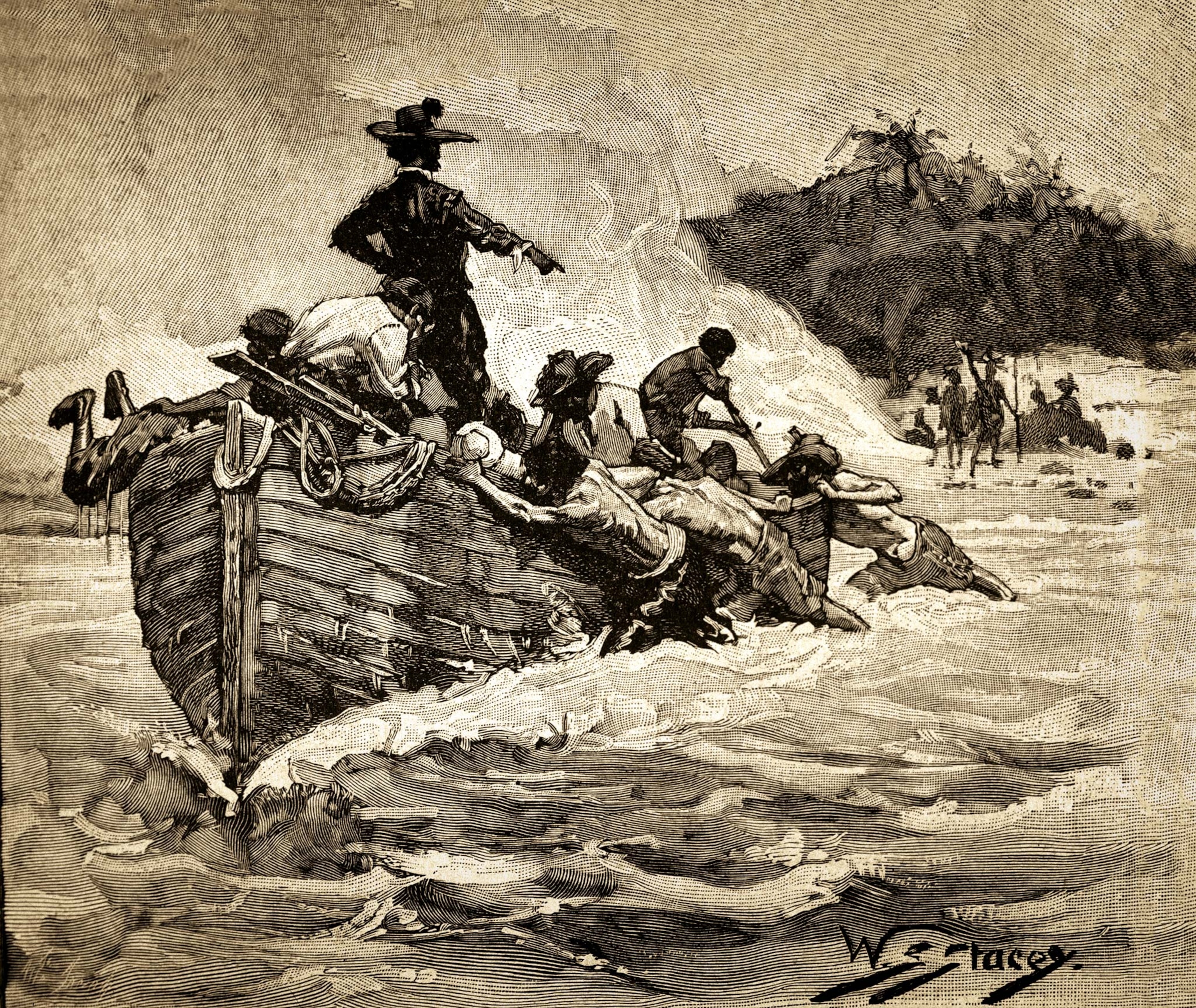 Cabeza de Vaca stands in the boat in which he sailed along the coast of the Gulf of Mexico in this 19th-century engraving