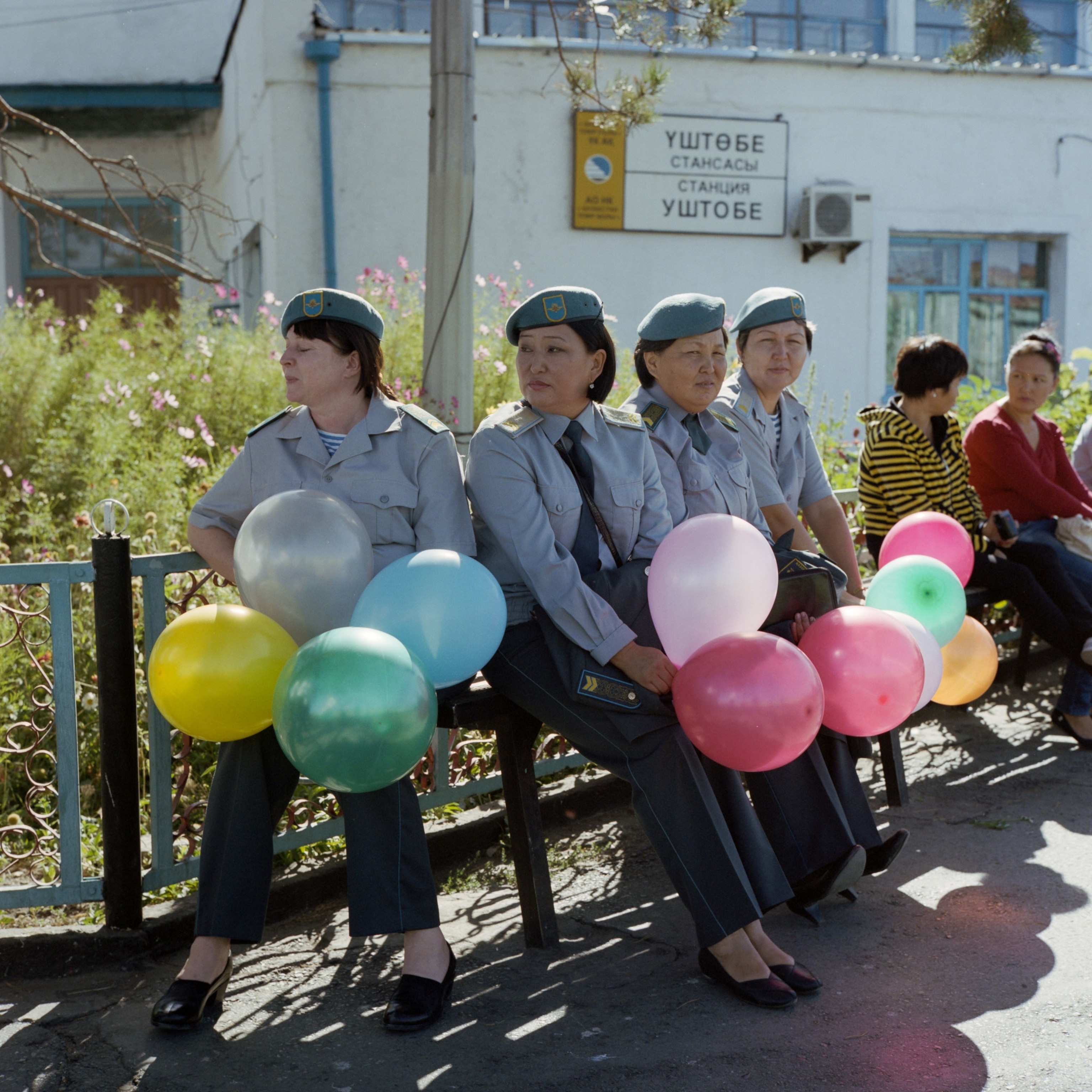 Kazakh soldiers in Ushtobe train station during a military parade
