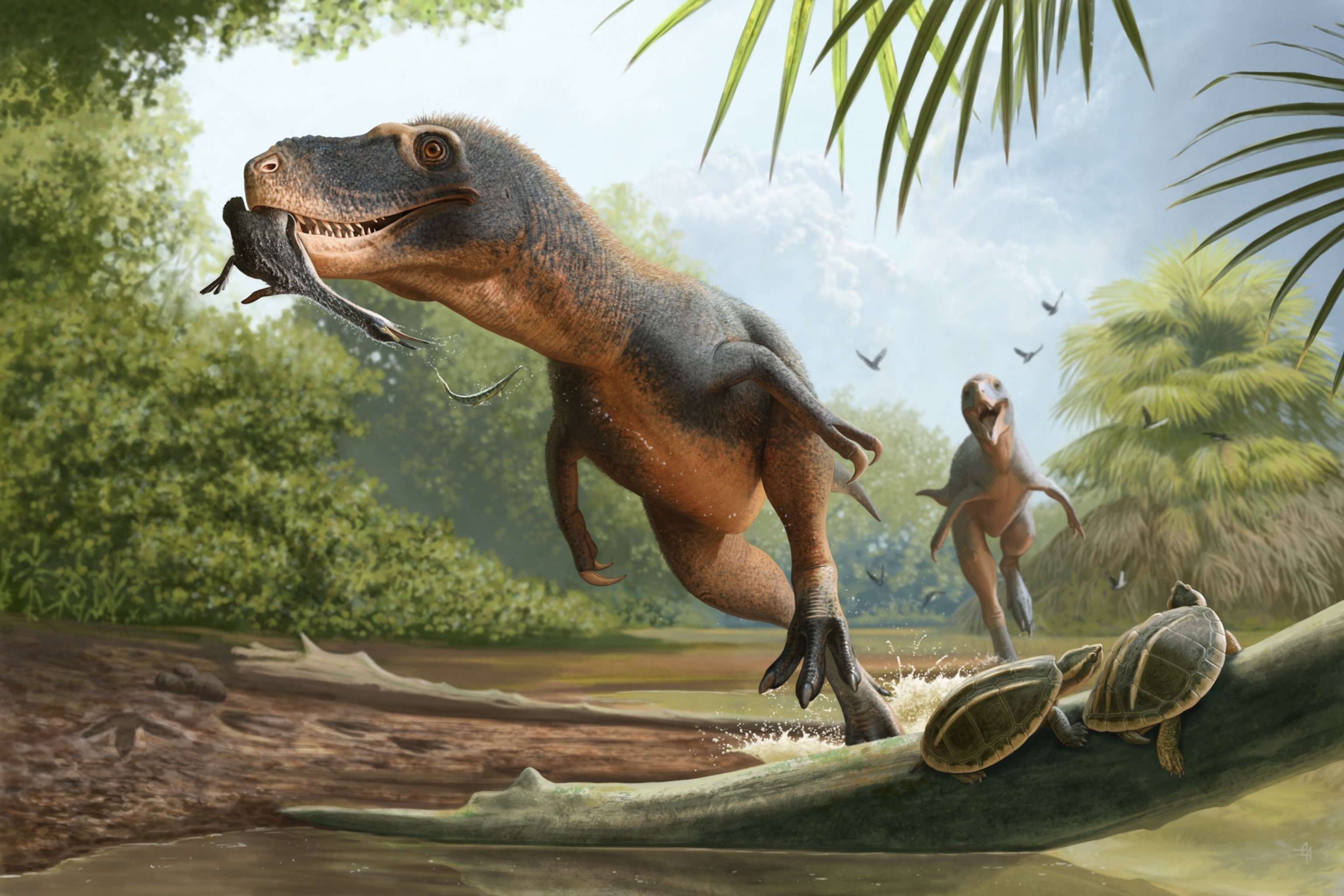 A prehistoric dinosaur runs through a shallow wetland carrying a small animal in its mouth, while another dinosaur follows behind and turtles rest on a fallen log in the foreground.