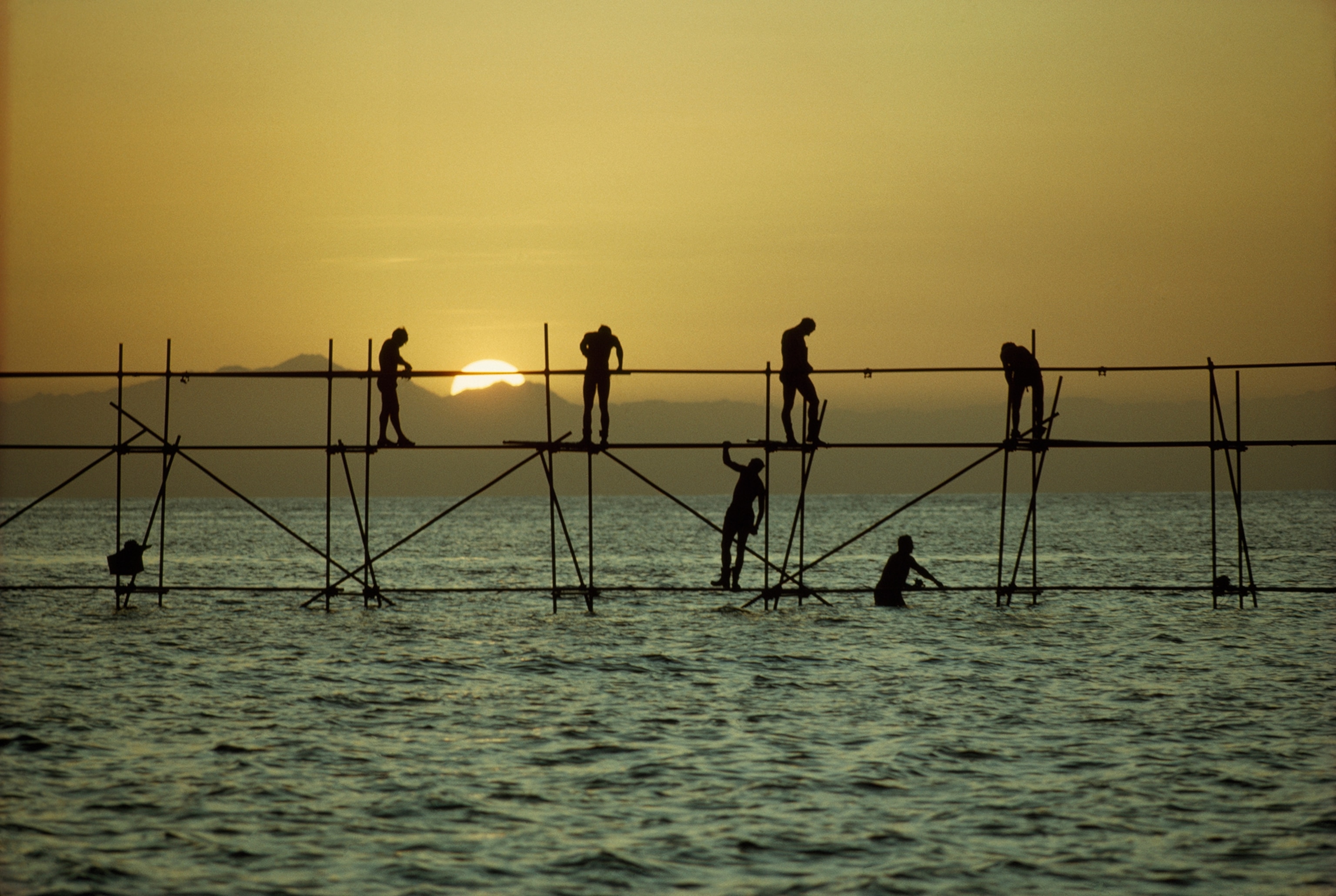 Men build a bridge across a shallow reef.