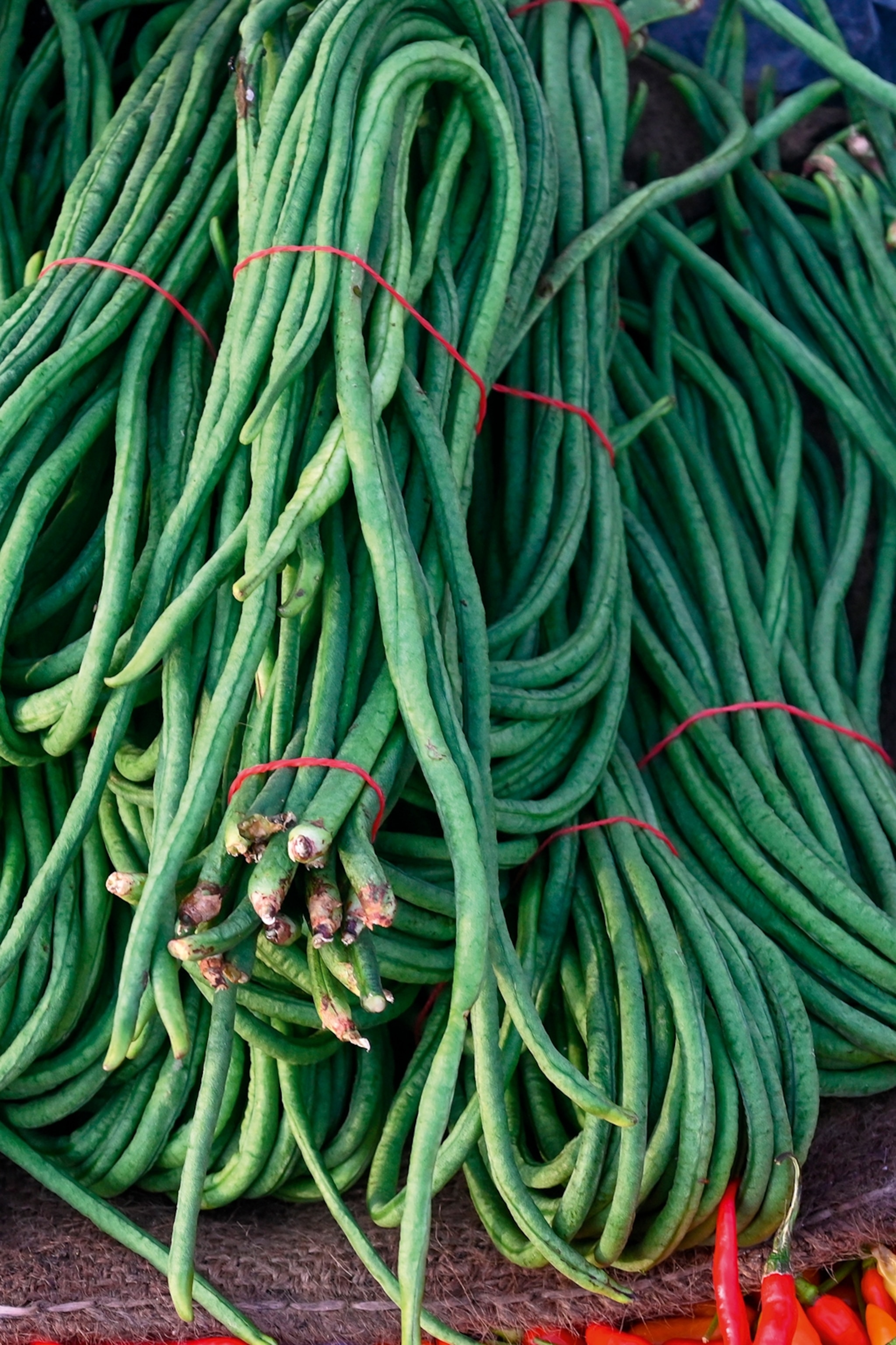 A close-up of a bunch of runner beans at a market.