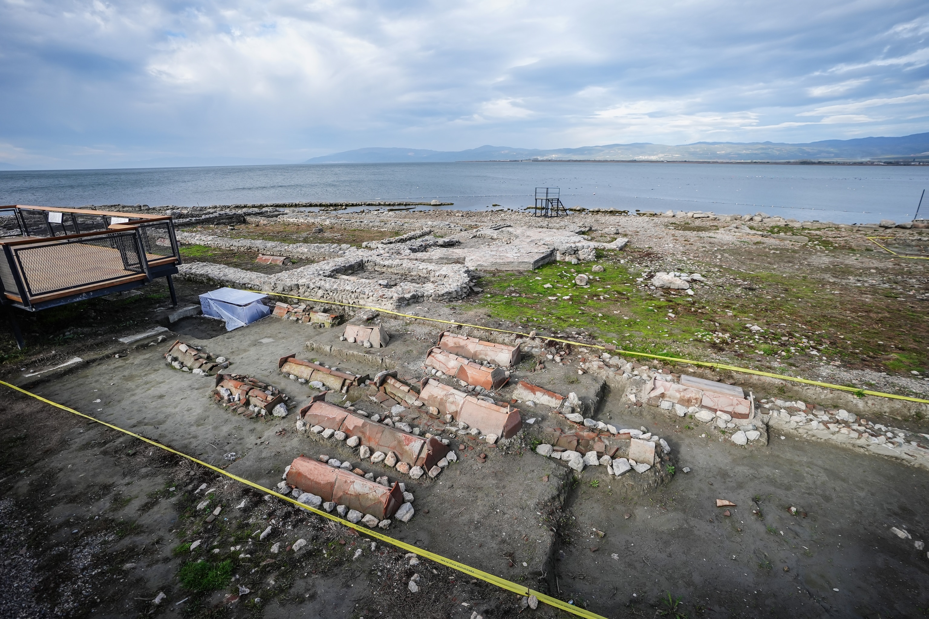 An aerial view of the remains of a sunken basilica, which emerged in 2014 due to the receding waters of Lake Iznik and is believed to have been built in the name of Saint Neophytos.