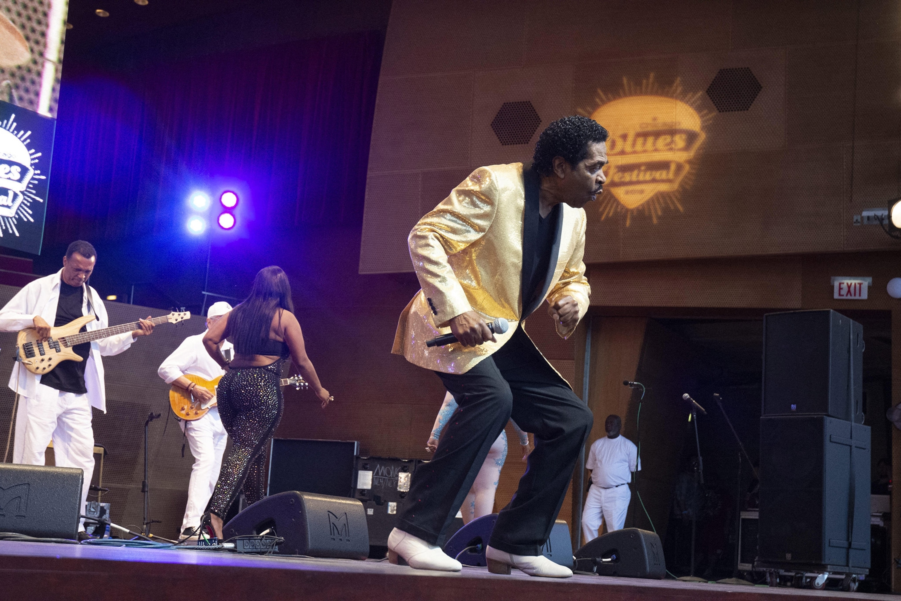 A band performs on stage in front of a "Blues Festival" sign