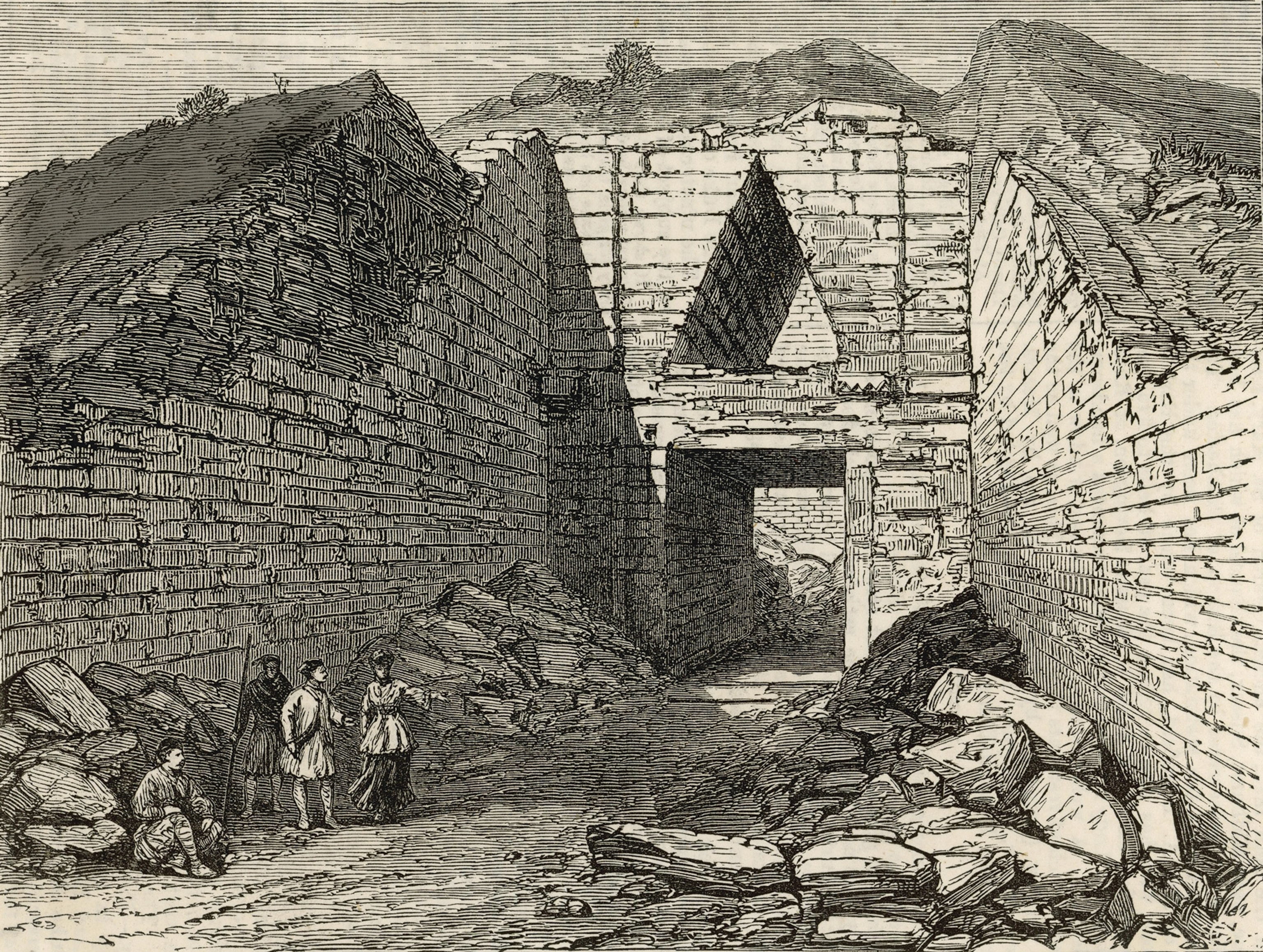 A 19th-century engraving depicts Heinrich Schliemann’s excavation of the largest of the beehive tombs.