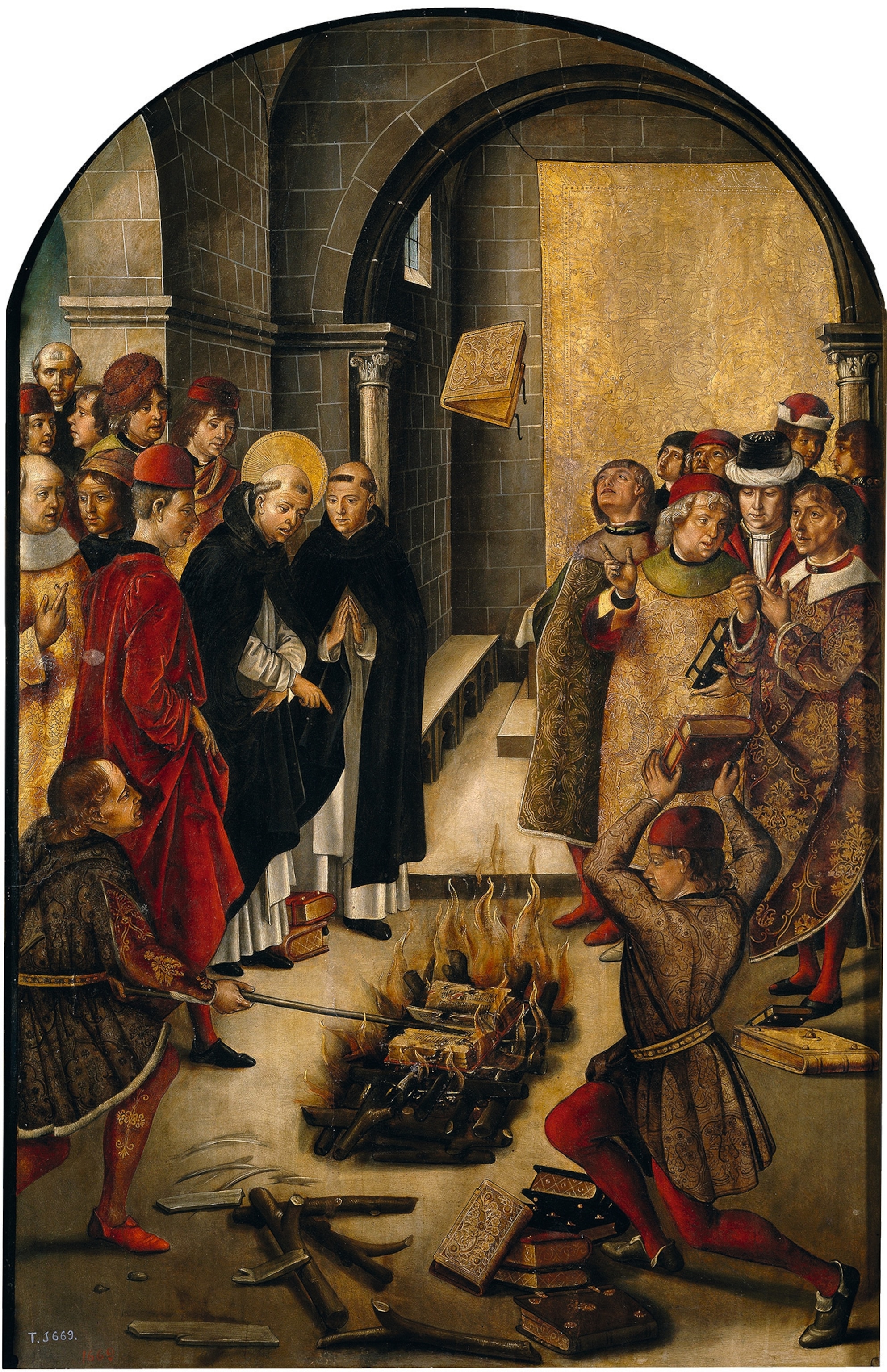 A painting of Saint Dominic (at left with halo) watching his book rise above the flames, while books of the Cathars burn.