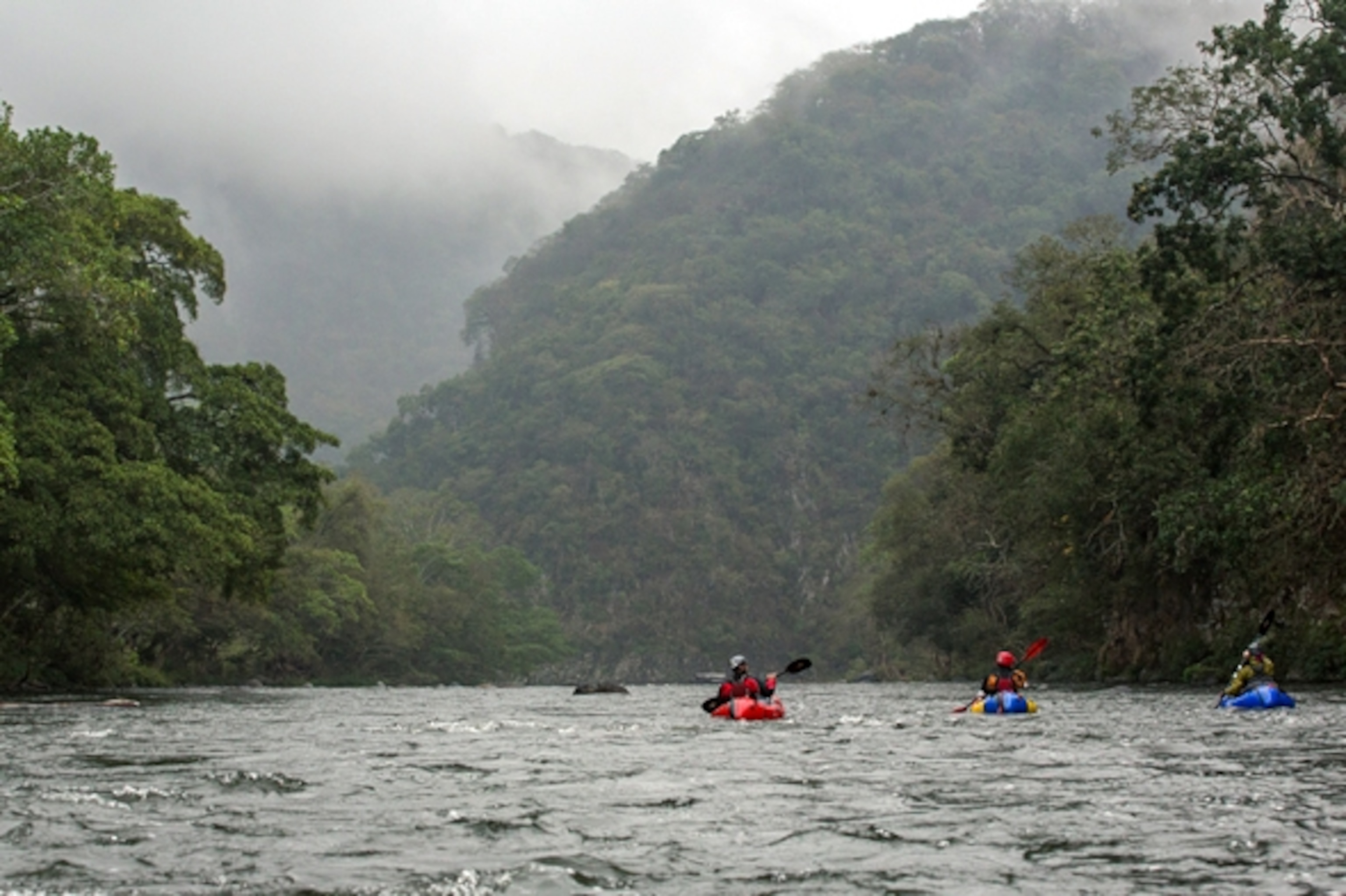 Mehl, Tumolo, and Fassbinder paddle the Rio Antigua; Photograph by Jim Harris