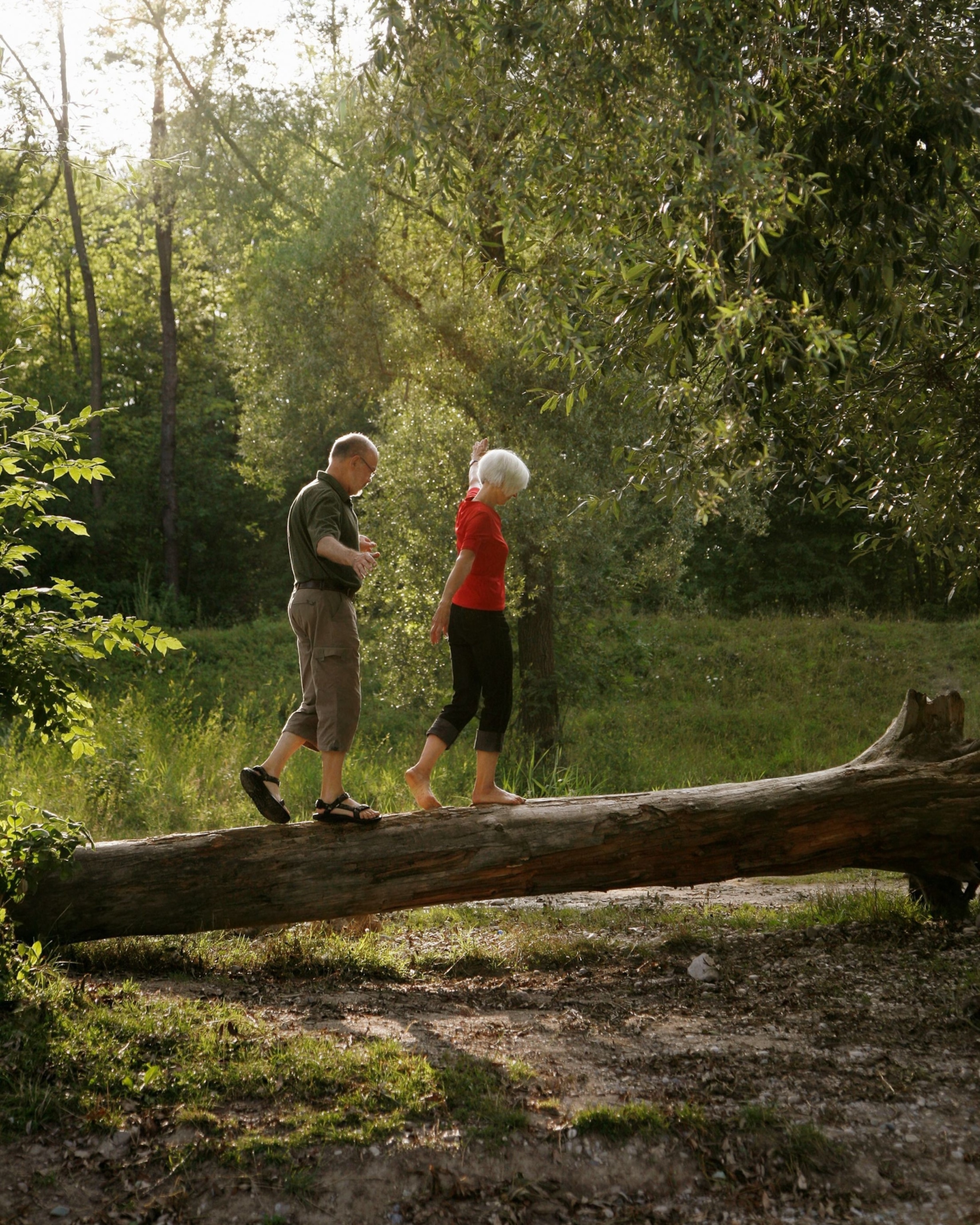 An elderly couple balancing on a fallen log in a sunlit forest, wearing casual clothes.