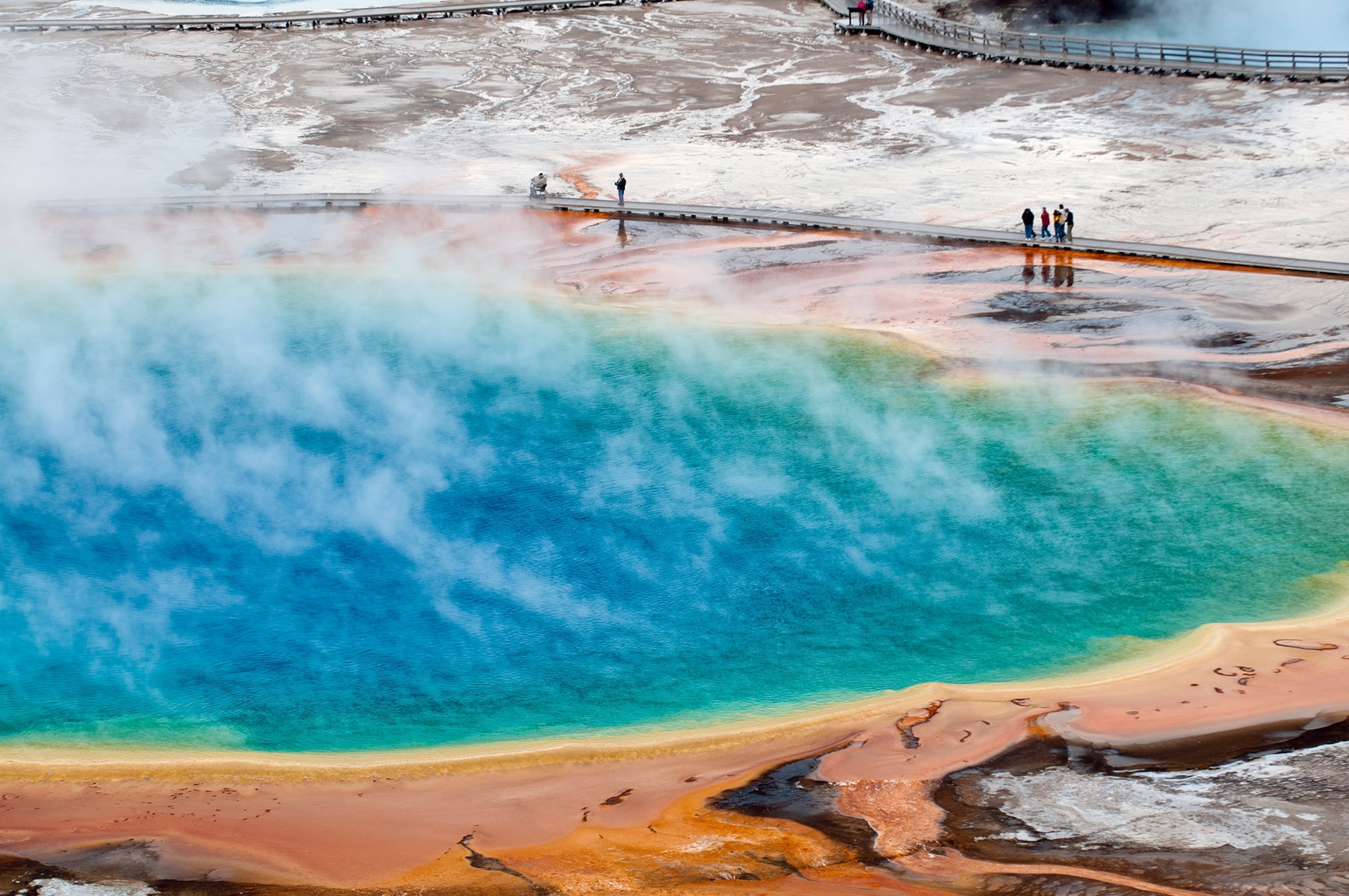 Visitors at Grand Prismatic Spring in Yellowstone National Park, Wyoming