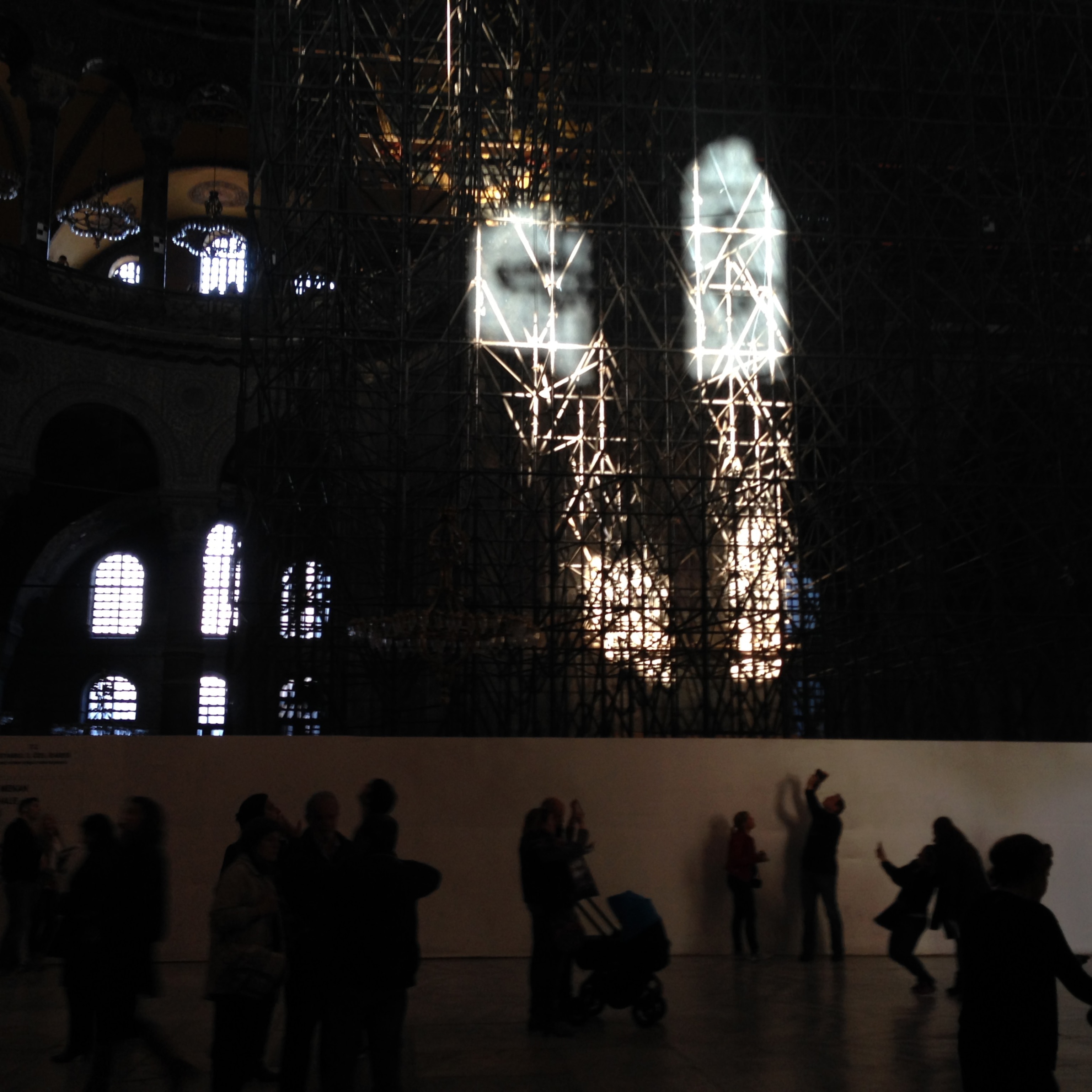 Light falls on the scaffolding inside the Hagia Sophia Museum. November 2013.