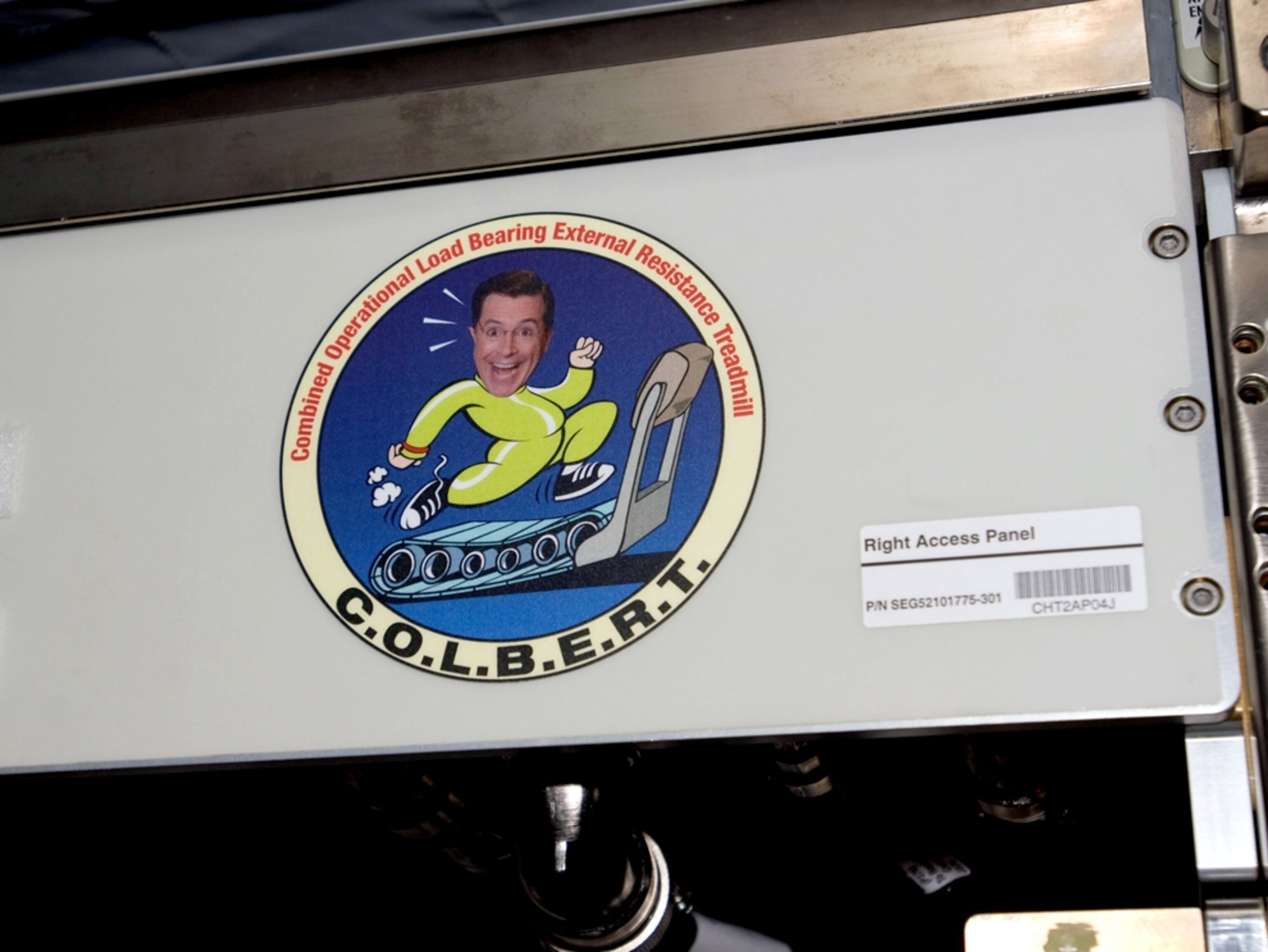 the logo on the side of the COLBERT treadmill delivered to the International Space Station by the NASA space shuttle Discovery.