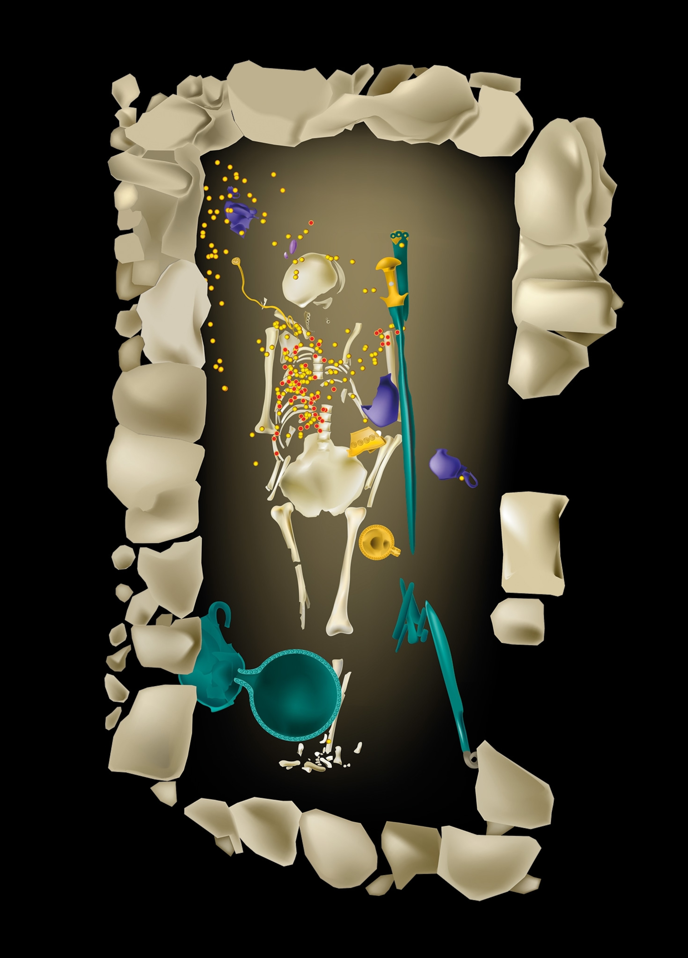 An illustration of the soldier's burial shows good surrounding the body.