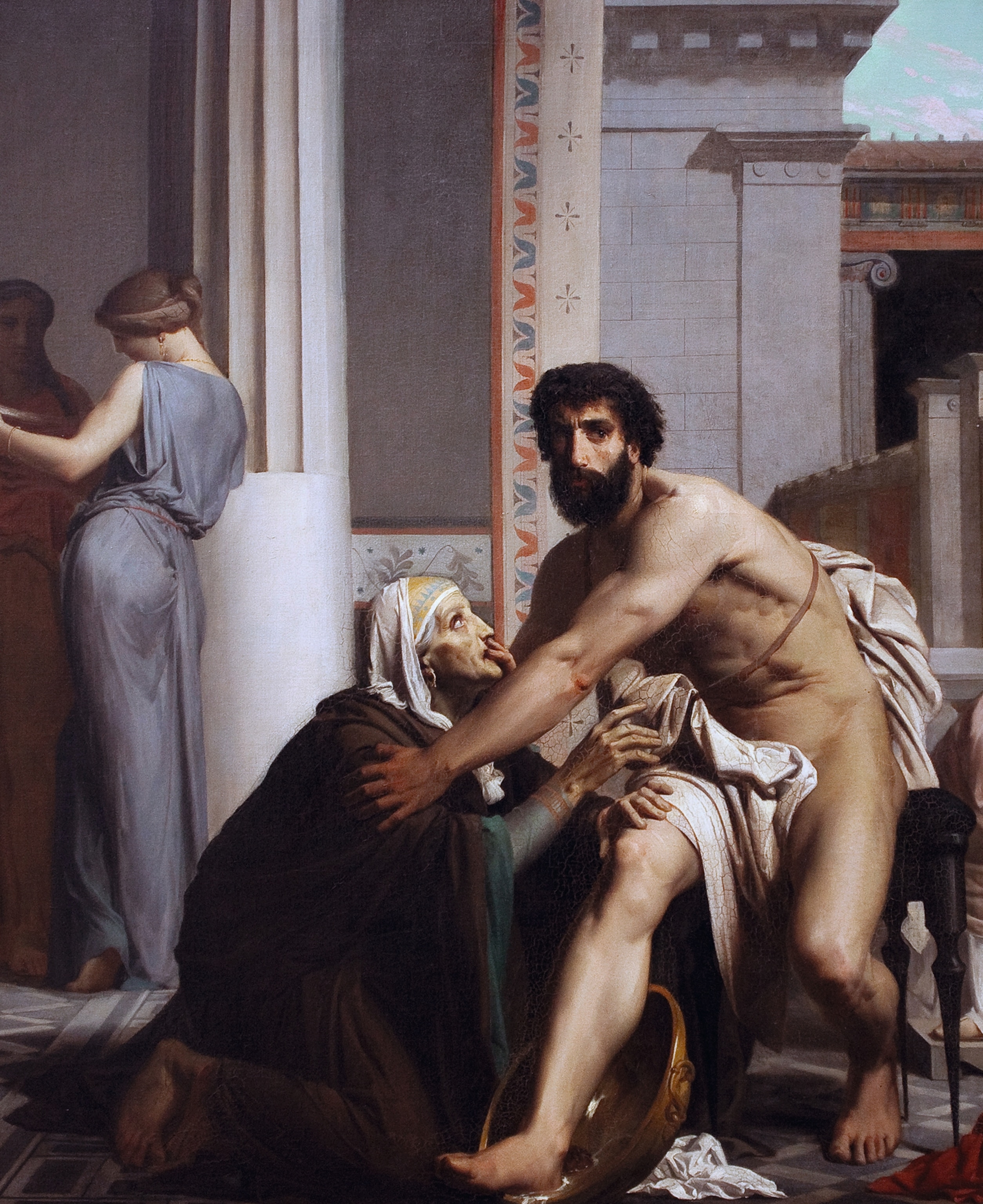 Oil painting of Odysseus being recognized by Eurycleia, his old wet nurse.
