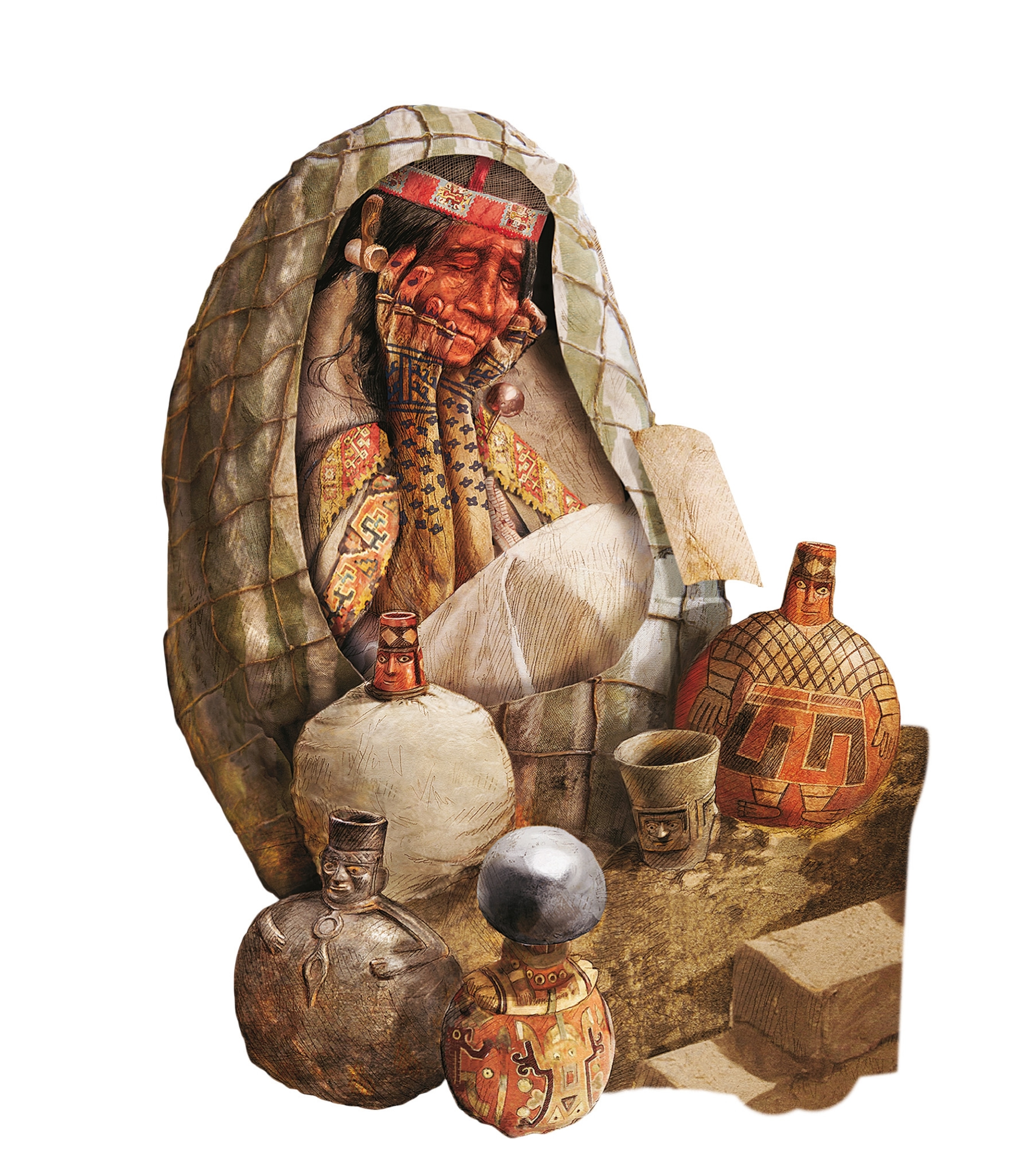 A mummy of the Huarmey Queen adorned with precious jewelry and surrounded by the objects placed with her at the time of her burial.