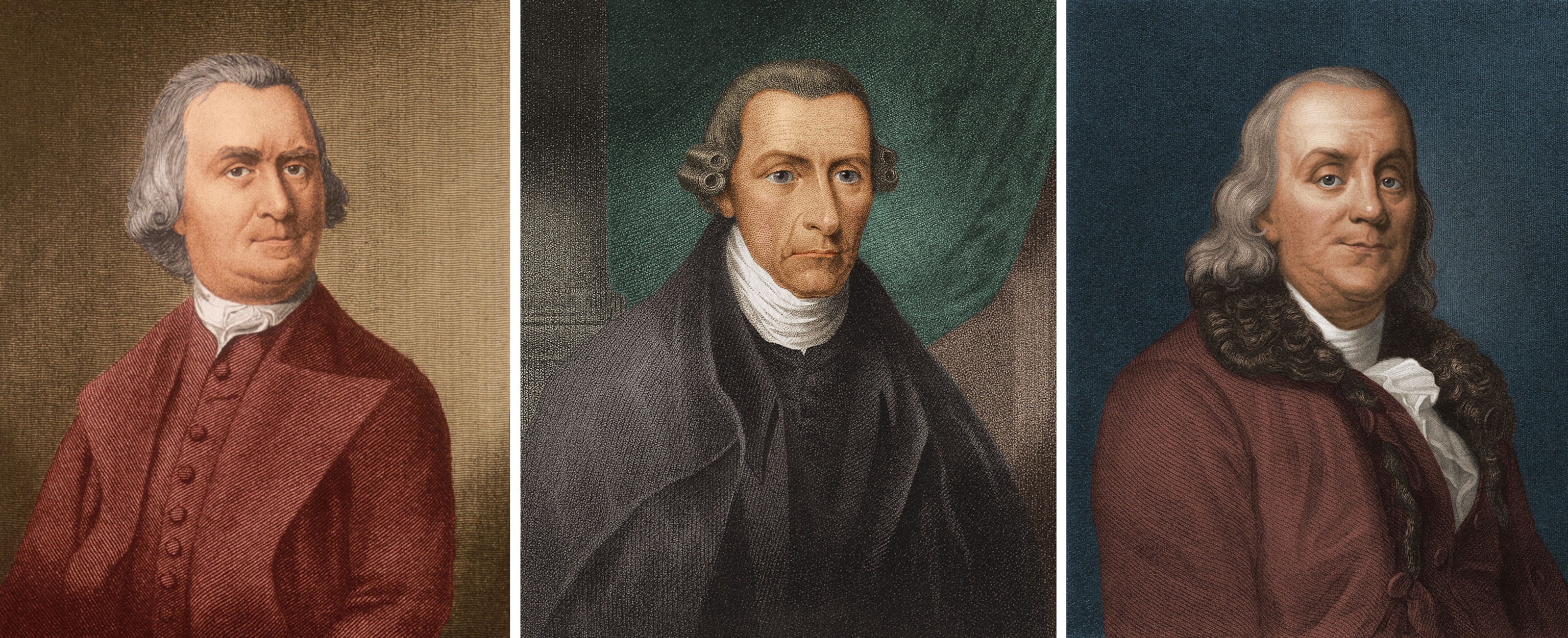 Portraits showing Samuel Adams, Patrick Henry, and Benjamin Franklin.
