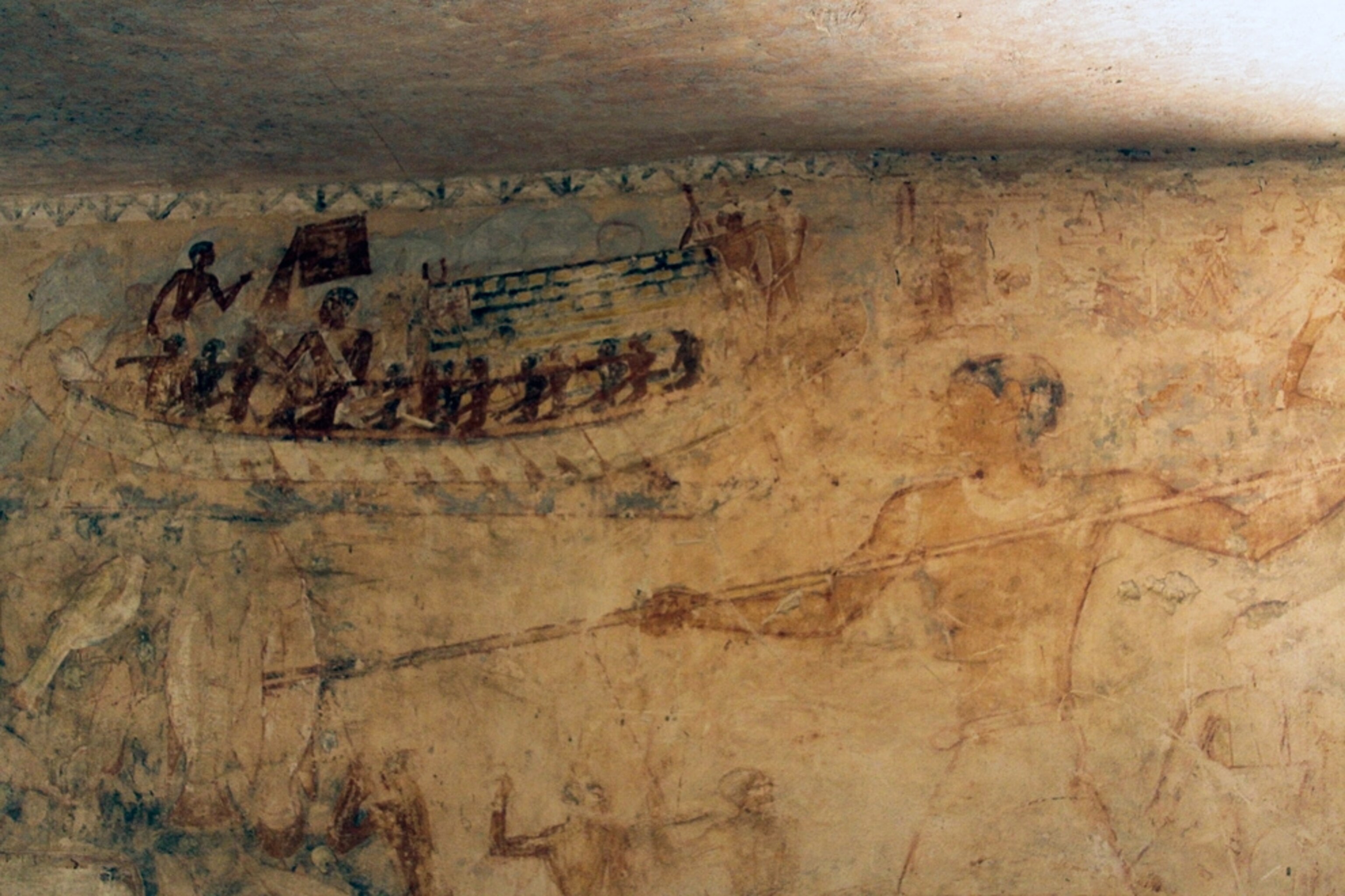Picture of tomb artwork showing a man fishing in Nile marshes in ancient Egypt.