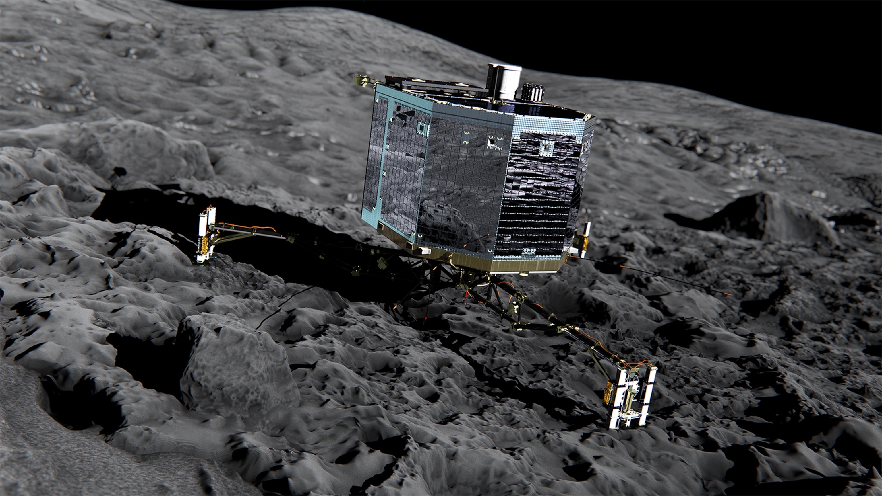 An illustration of Rosetta's lander Philae on the surface of comet 67P/Churyumov-Gerasimenko.