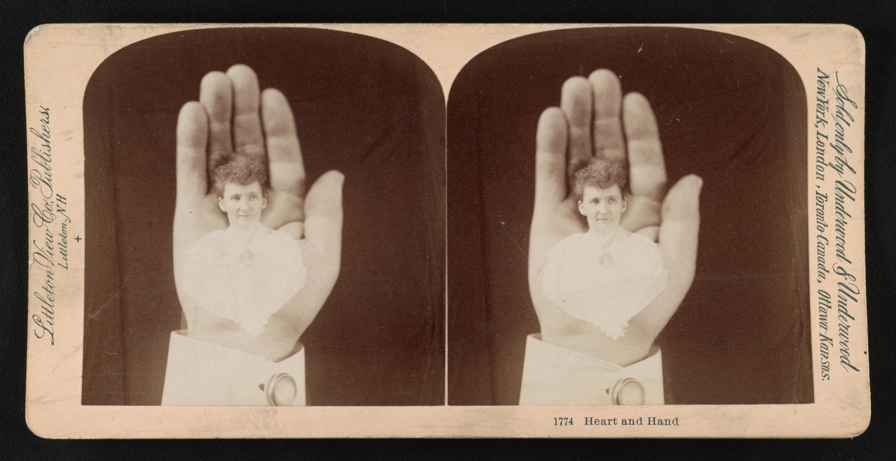 The head of a woman is superimposed on the palm of a hand to create a ghostly effect.