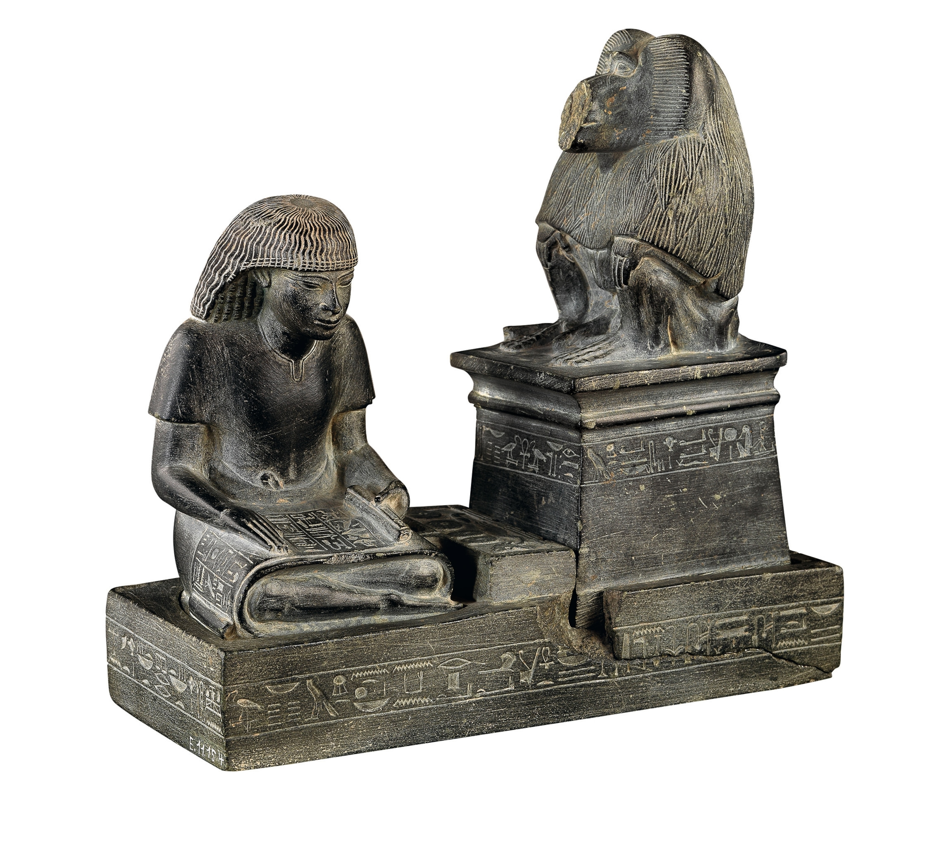 A statuette depicts Nebmerutef holding a scroll in his lap seated before the baboon god Thoth, patron of scribes.