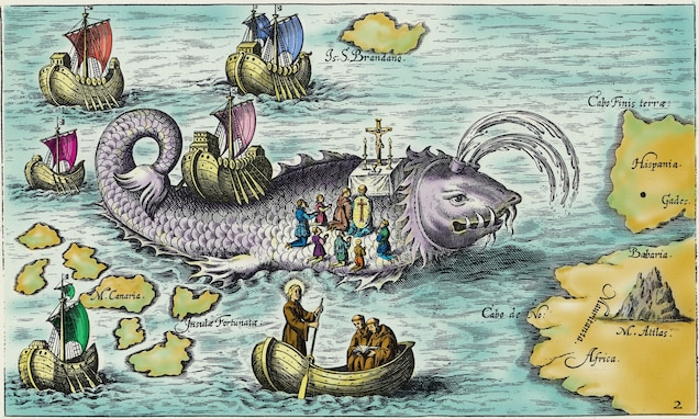 An illustration from 1621 shows Saint Brendan on a giant fish arriving on the island.